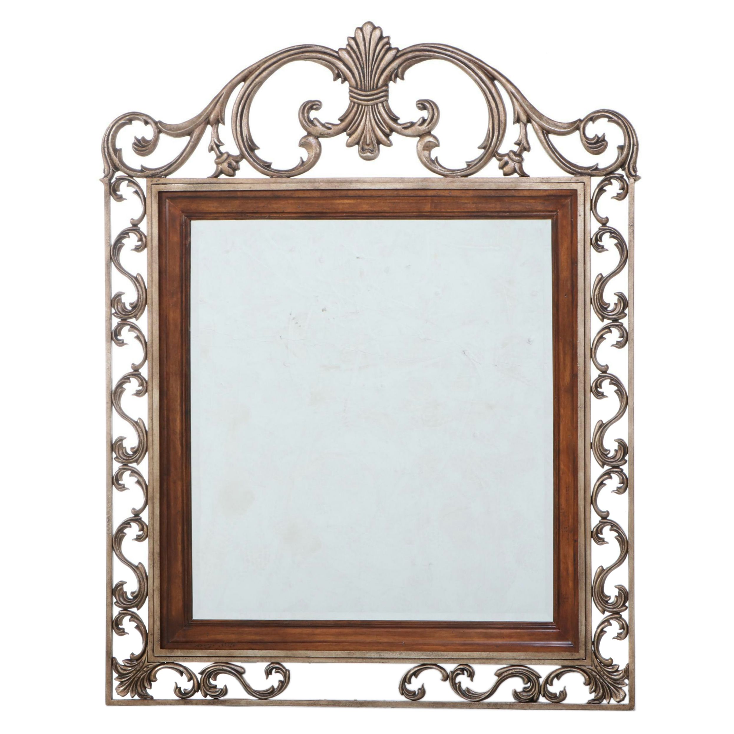 French Provincial Style Gilt Metal and Walnut-Stained Mirror