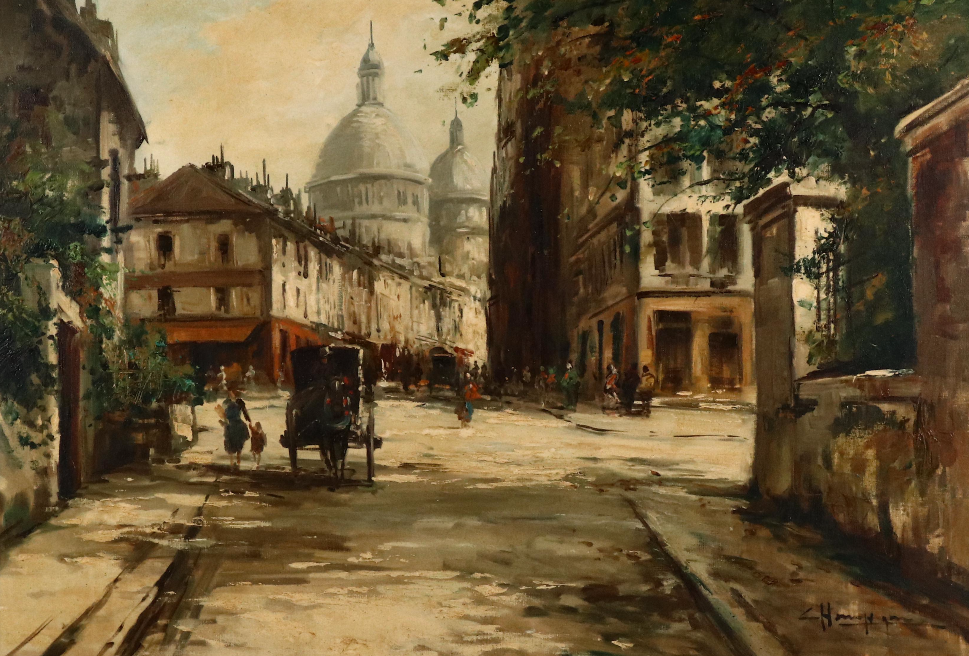 Parisian Street Scene in Montmartre Oil Painting, Mid-20th Century