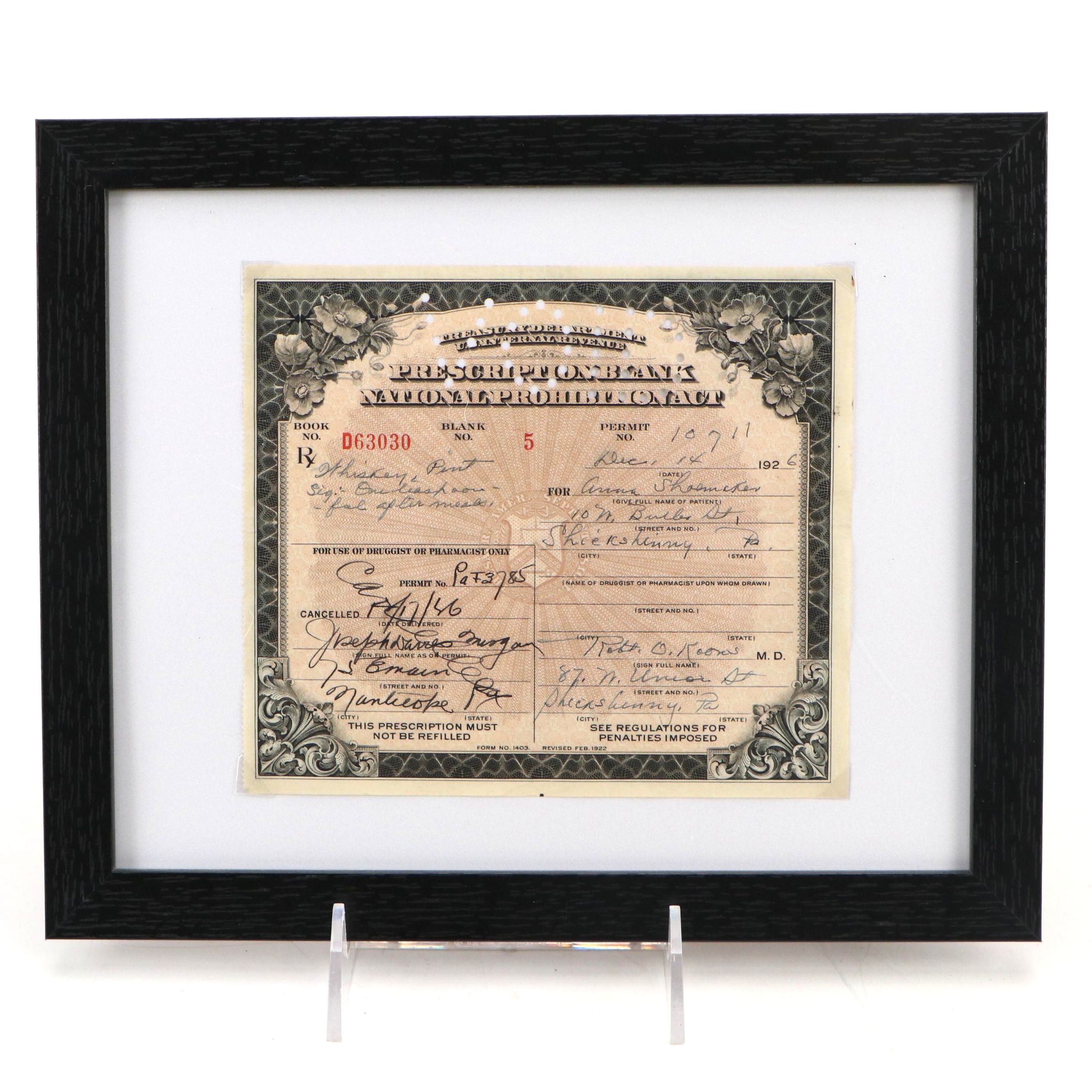 Prohibition Era Prescription Form for Whiskey, 1926