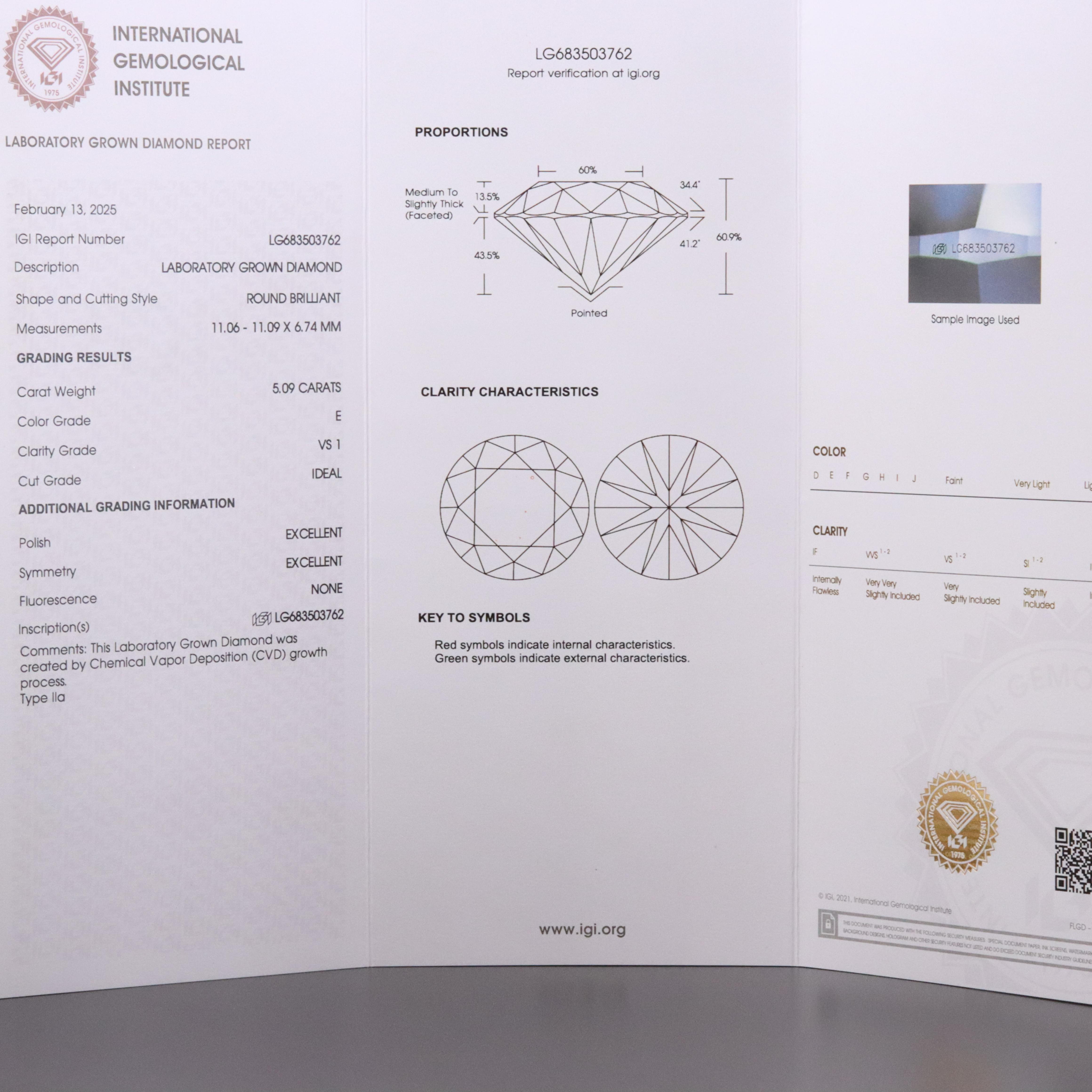 Platinum 5.09 CT Lab Grown Diamond Solitaire Necklace with IGI Report