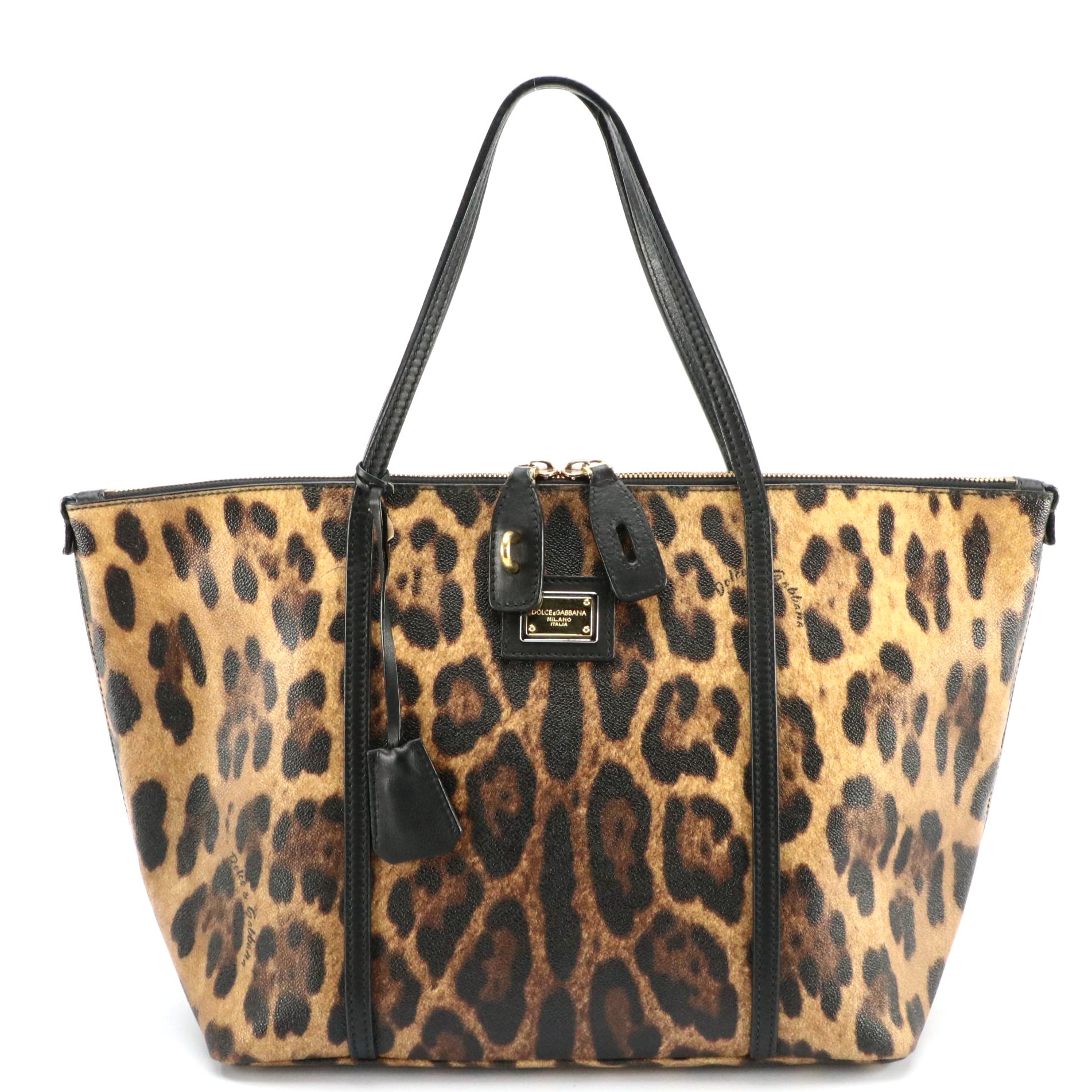 Dolce & Gabbana Leopard Print Coated Canvas and Leather Zip-Top Tote