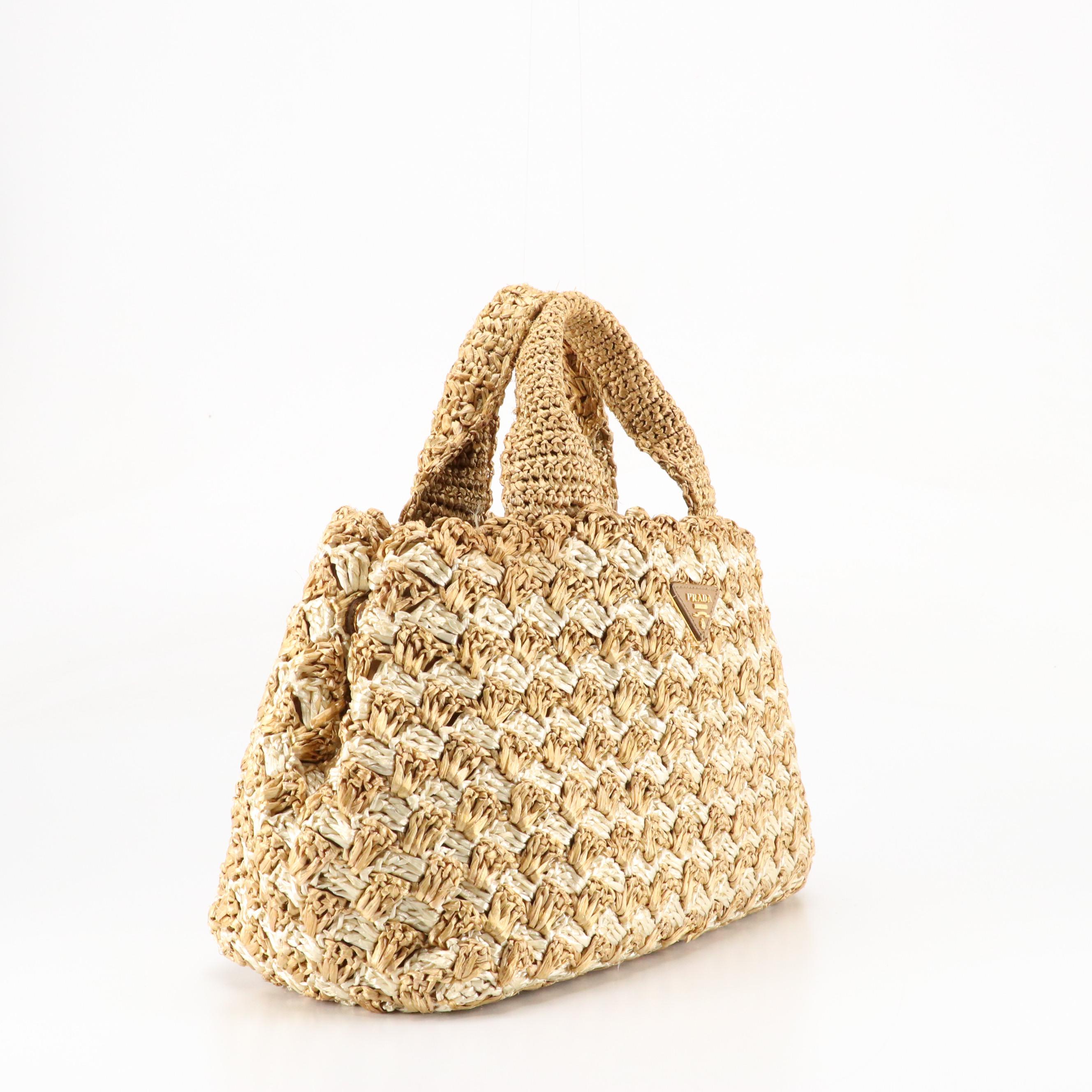 Prada Bicolor Woven Raffia Cellophane Crochet Tote