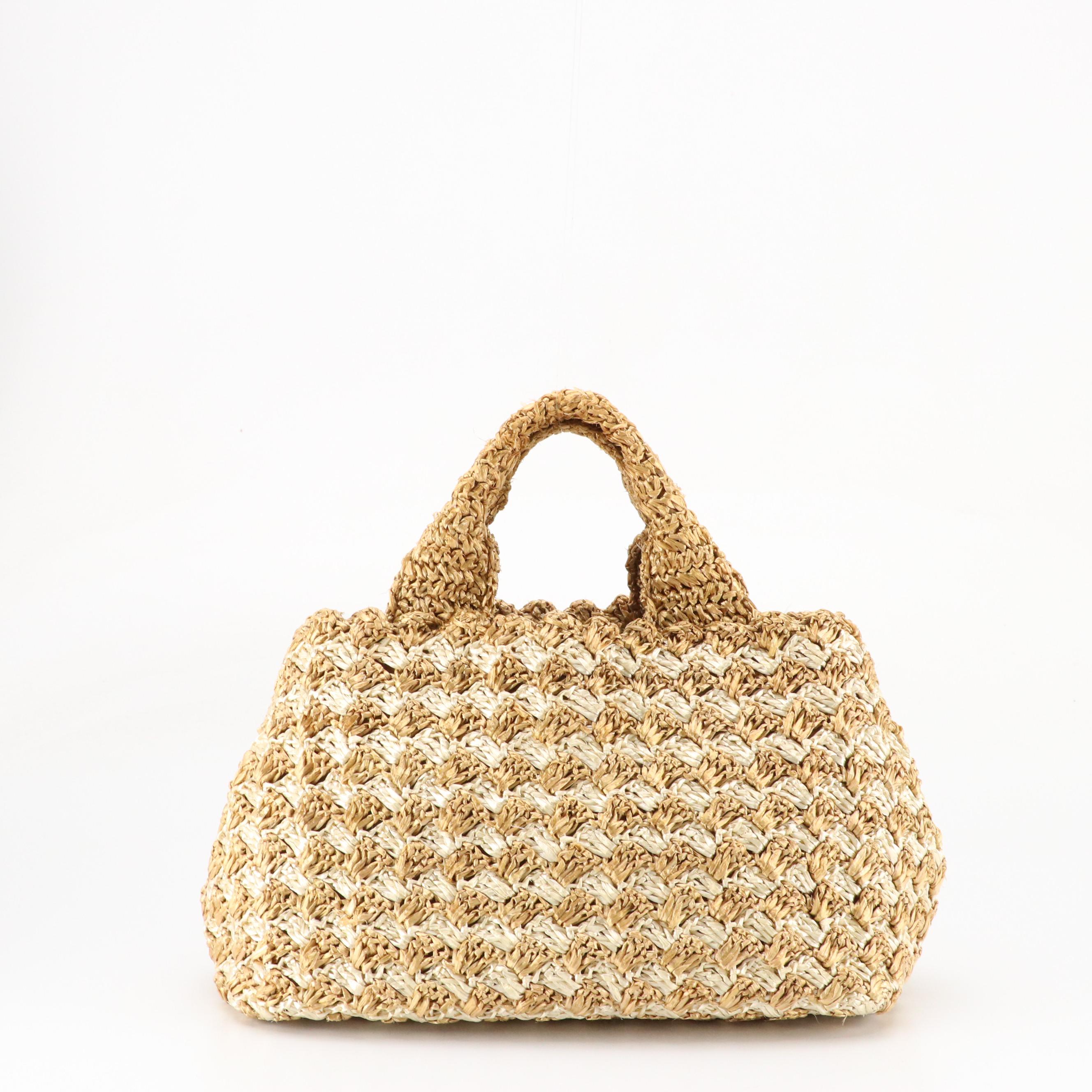 Prada Bicolor Woven Raffia Cellophane Crochet Tote