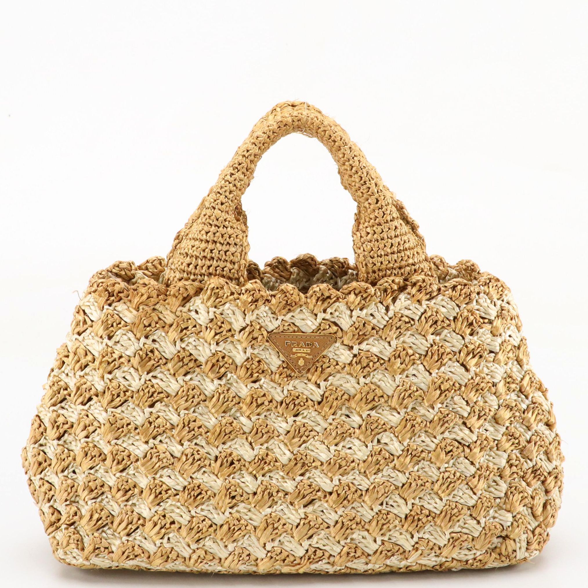 Prada Bicolor Woven Raffia Cellophane Crochet Tote