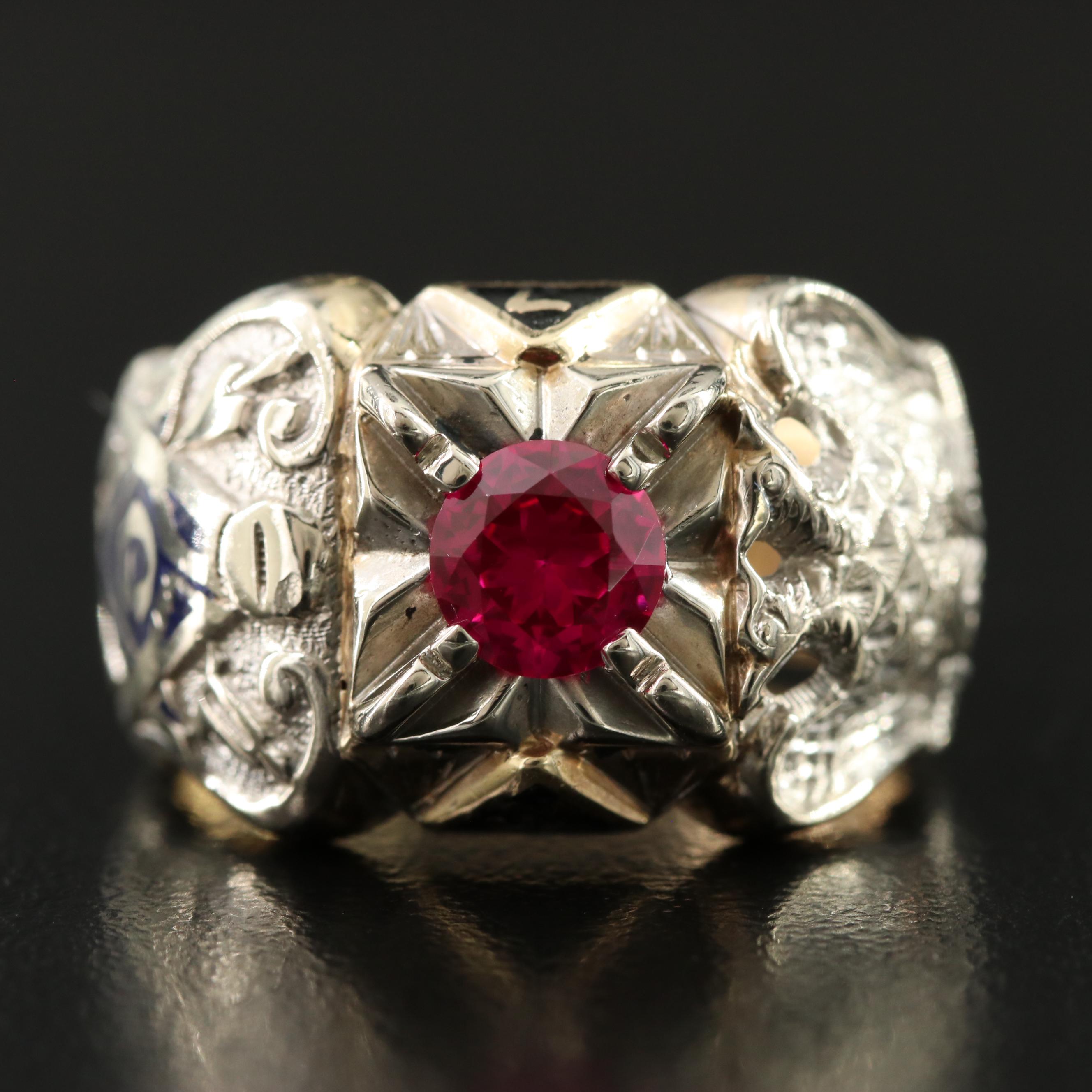 14K Ruby and Enamel 32nd Degree Mason Ring