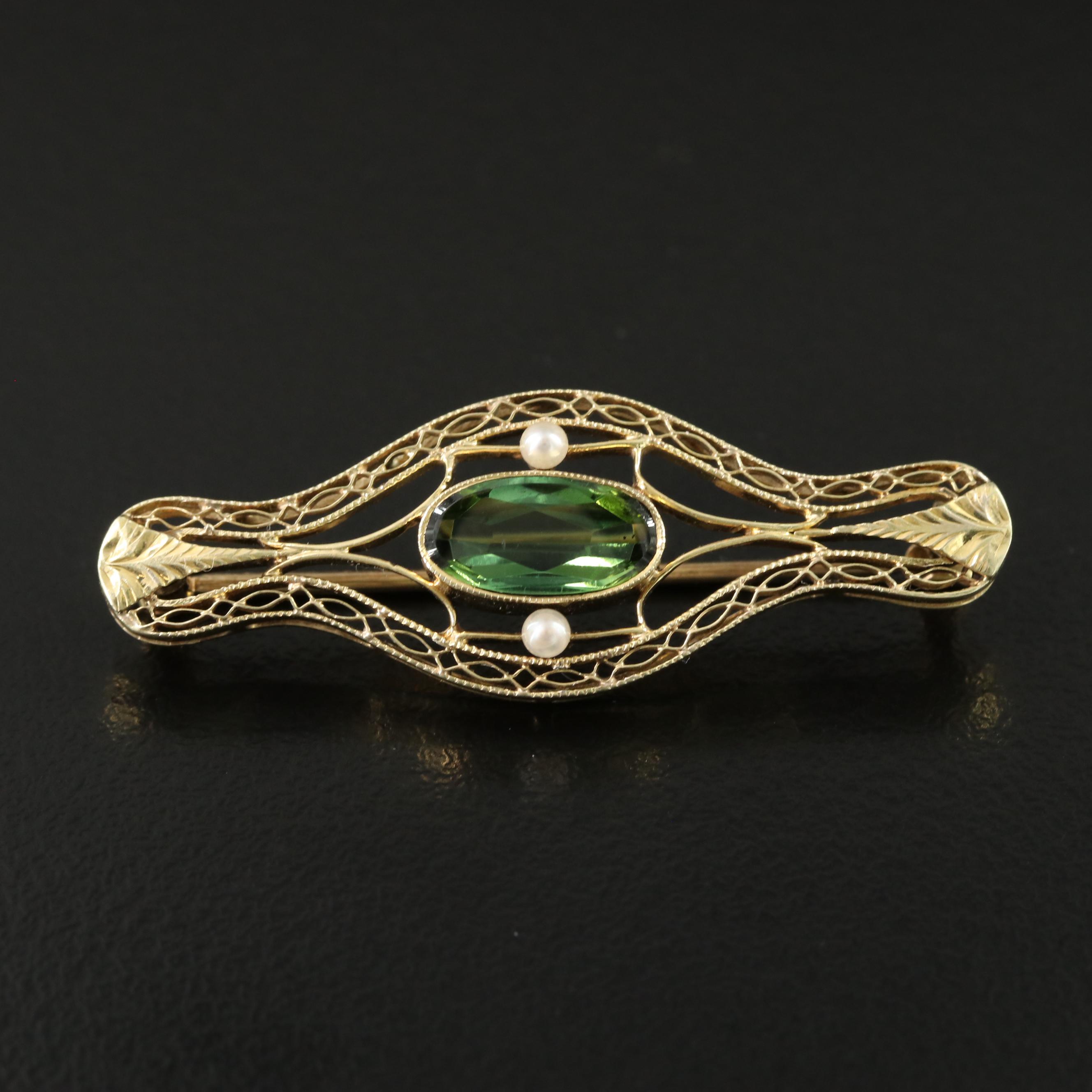 Crane & Theurer Inc. 14K Tourmaline and Pearl Pin