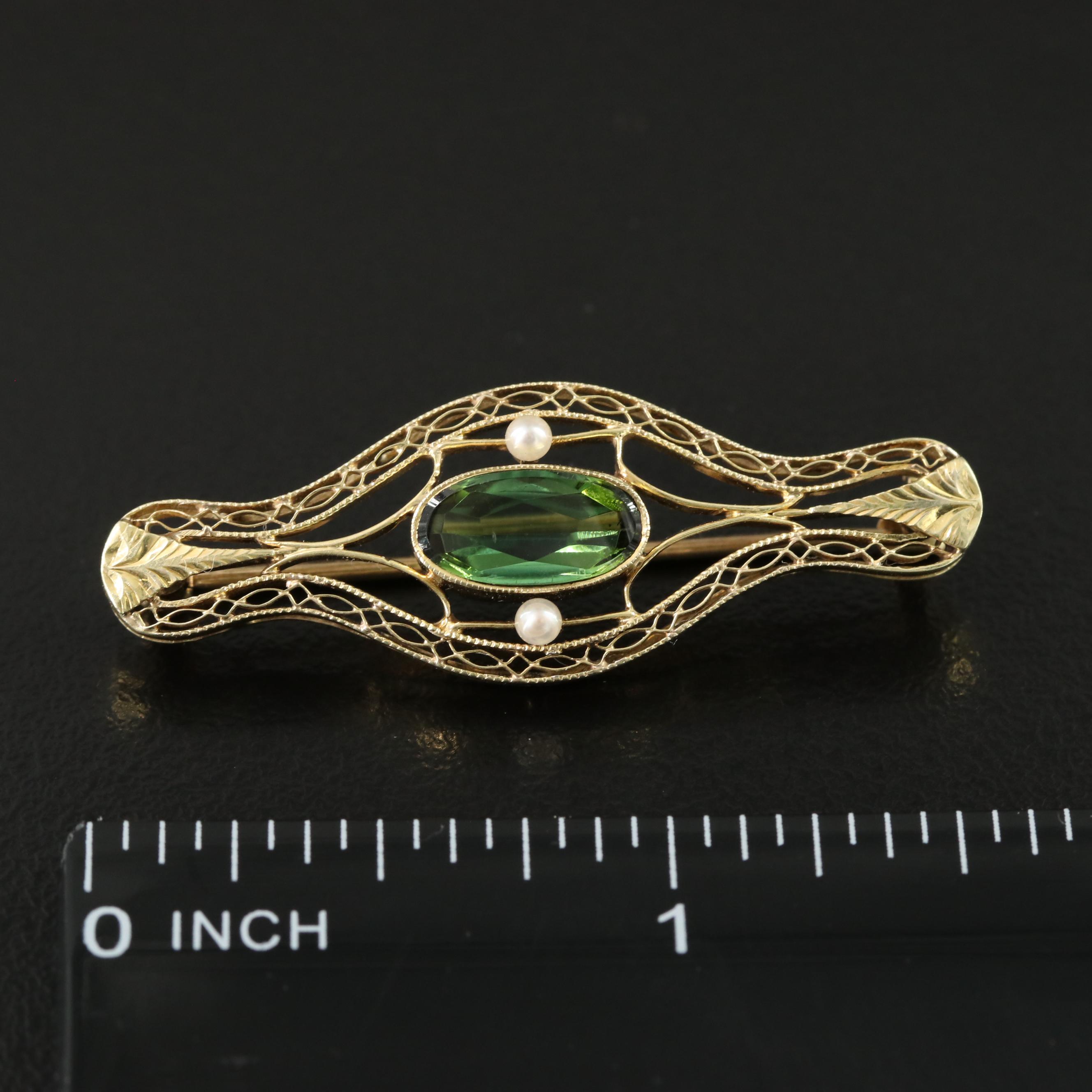 Crane & Theurer Inc. 14K Tourmaline and Pearl Pin