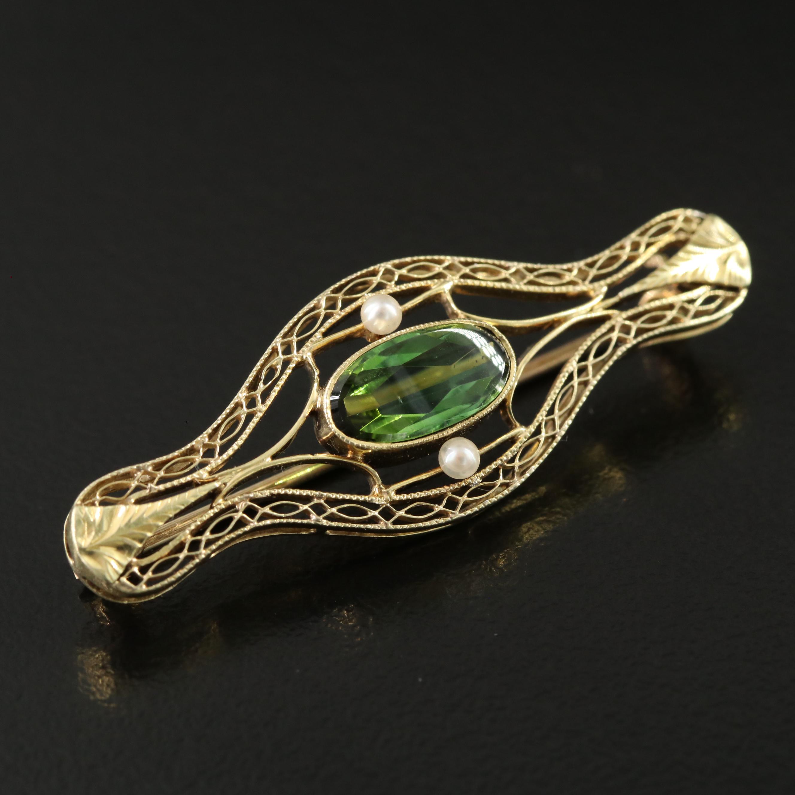 Crane & Theurer Inc. 14K Tourmaline and Pearl Pin