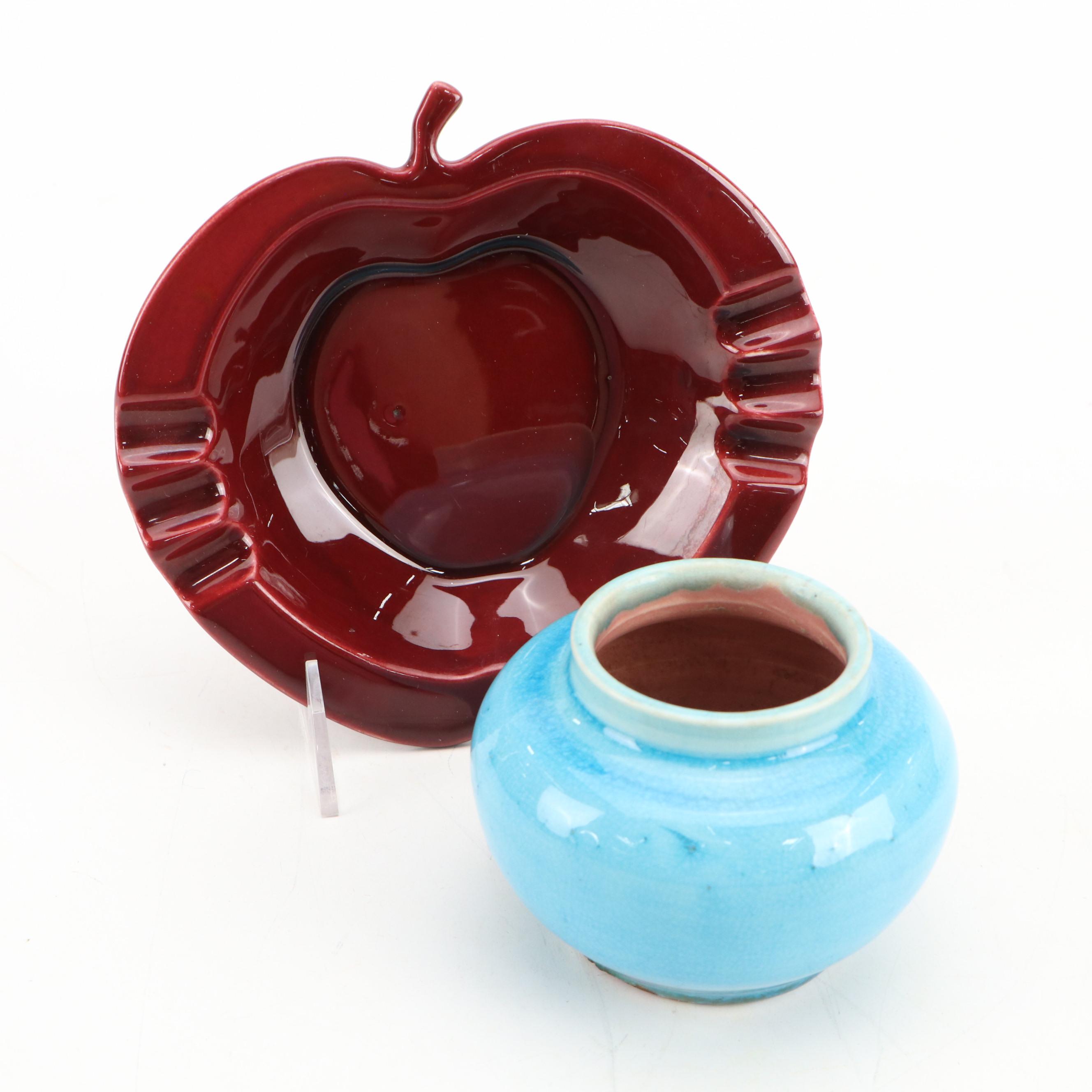 Rookwood Pottery Apple Form Ceramic Ashtray with Blue Glazed Ceramic Vase