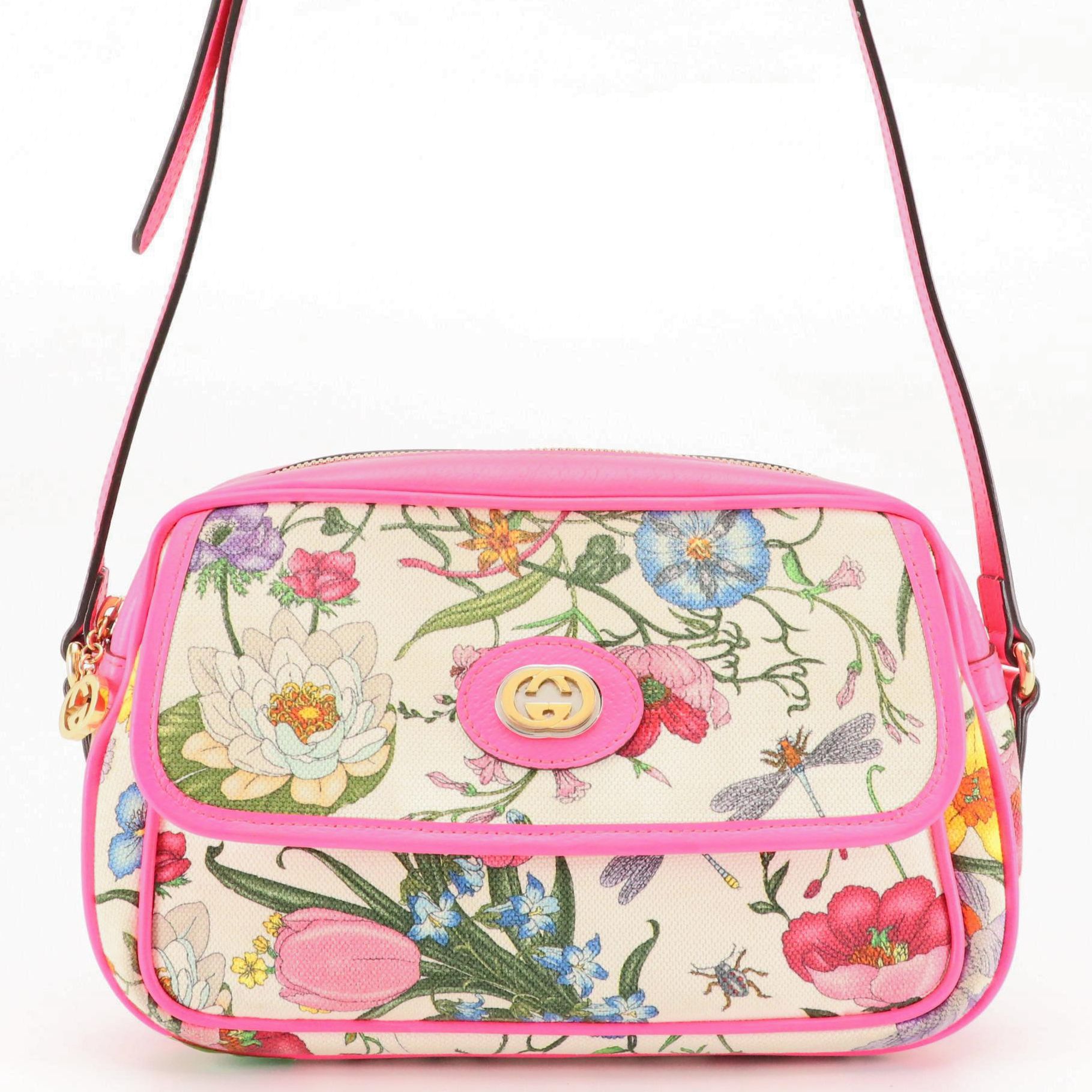 Gucci Small Crossbody Bag in Flora Canvas with Neon Pink Leather Trim