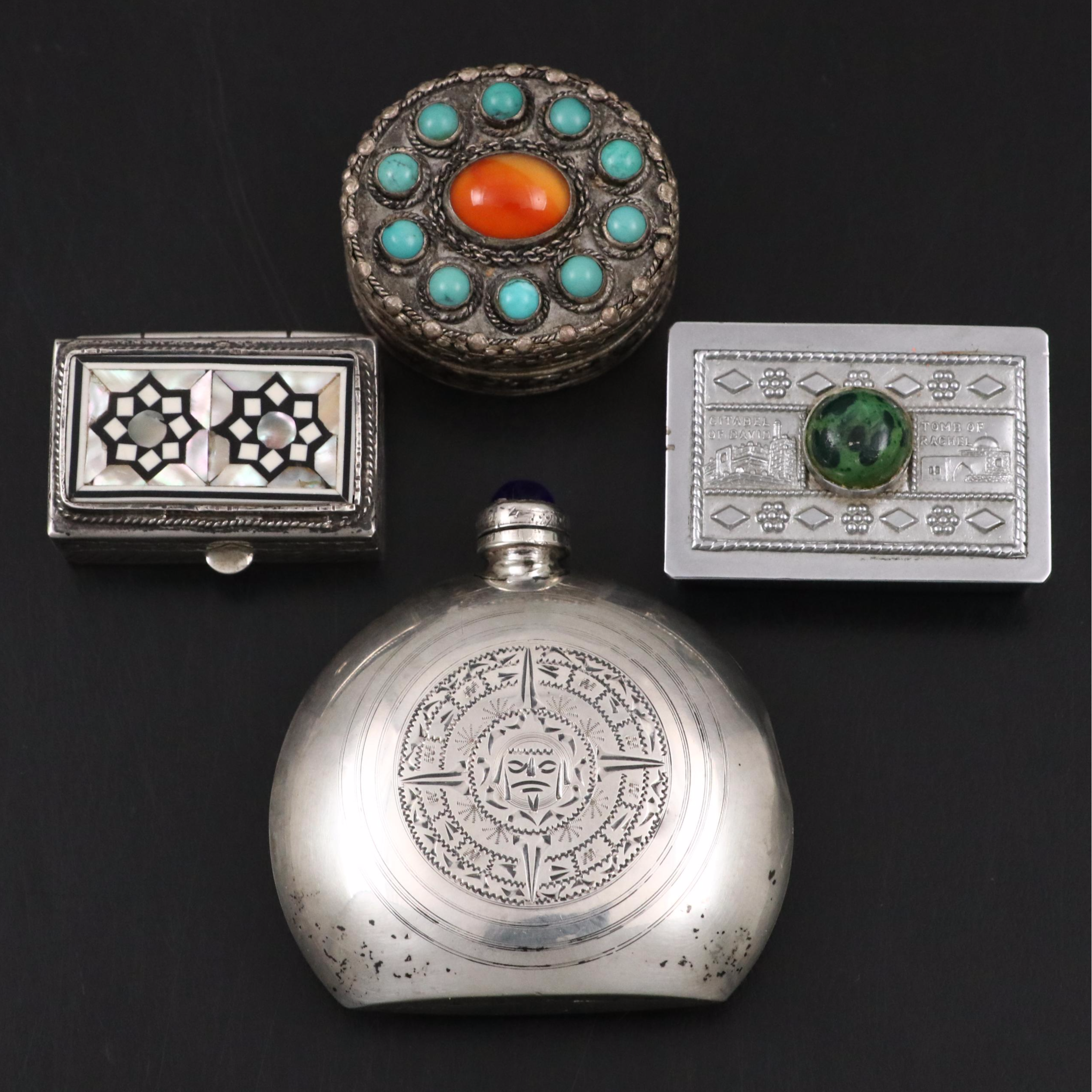 Mexican Sterling Perfume Bottle with Iraqi 800 Silver Inlaid Box and Others
