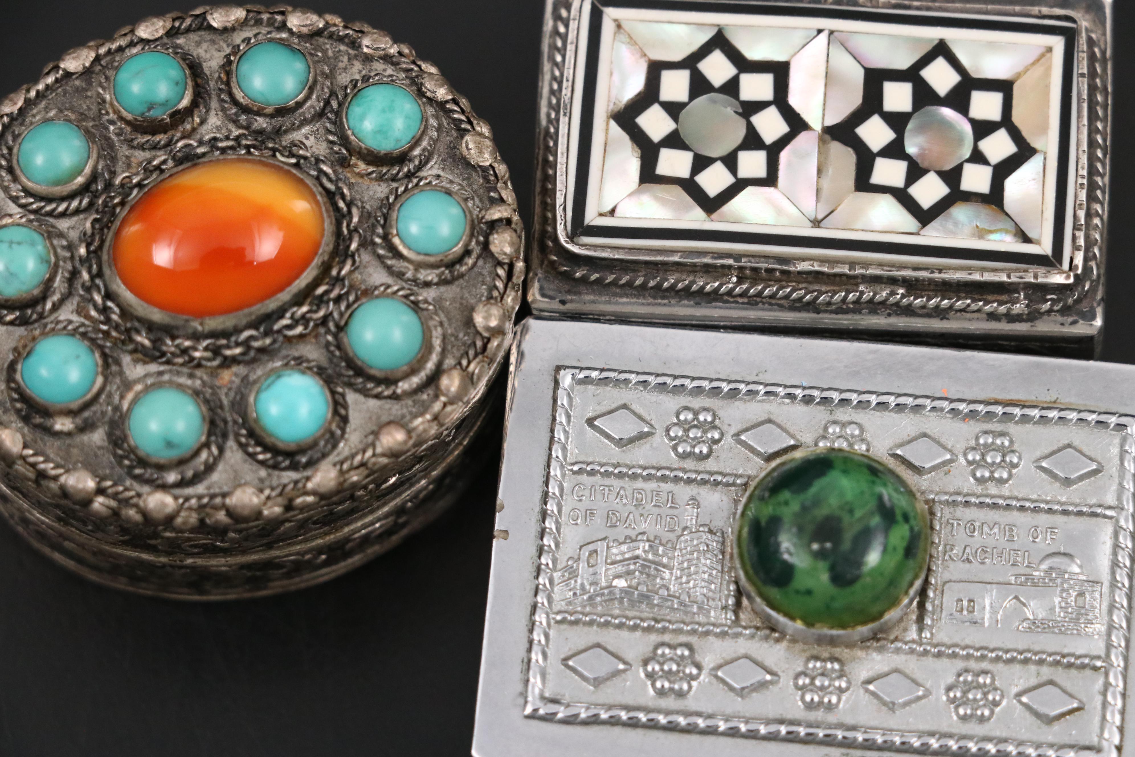 Mexican Sterling Perfume Bottle with Iraqi 800 Silver Inlaid Box and Others