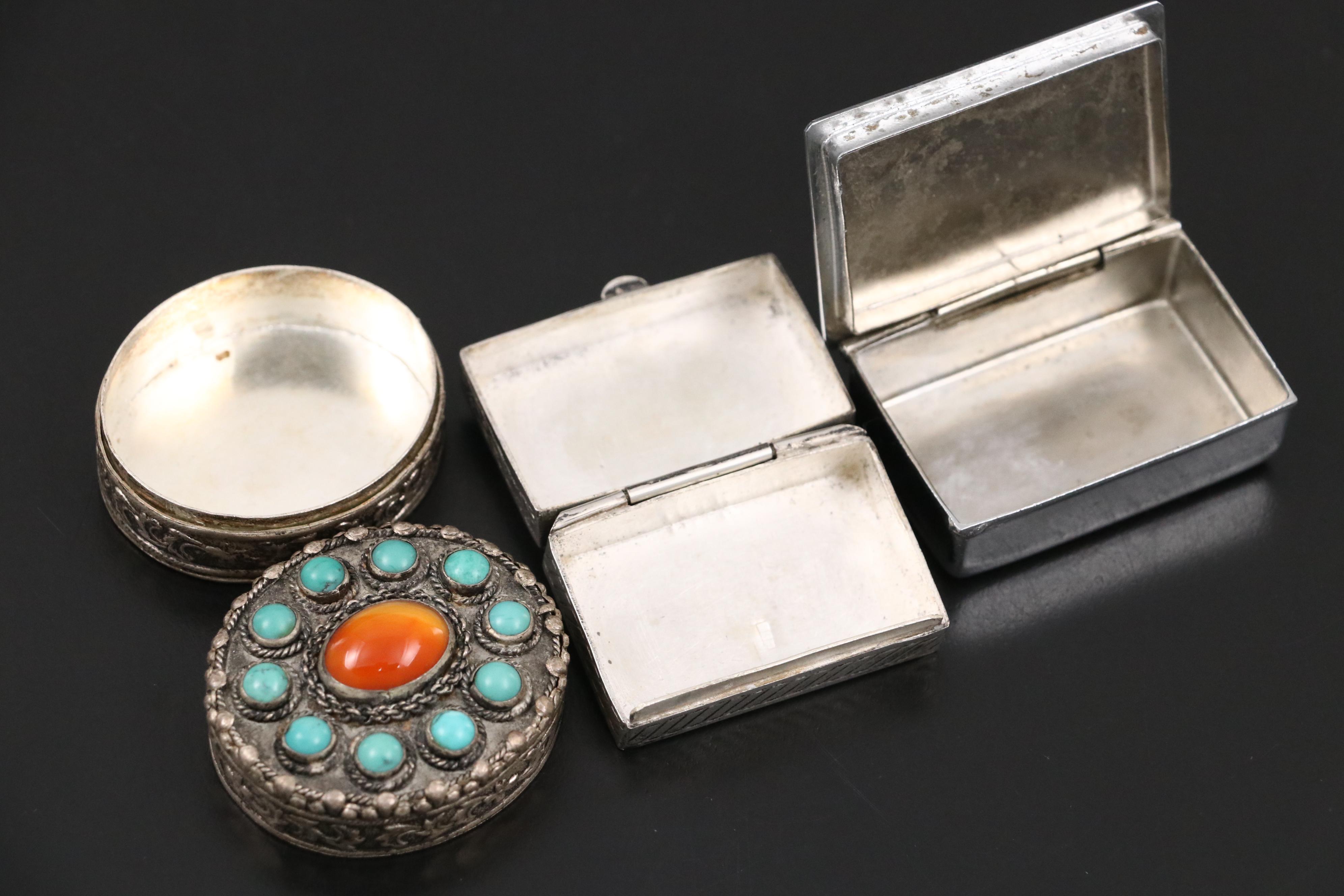 Mexican Sterling Perfume Bottle with Iraqi 800 Silver Inlaid Box and Others