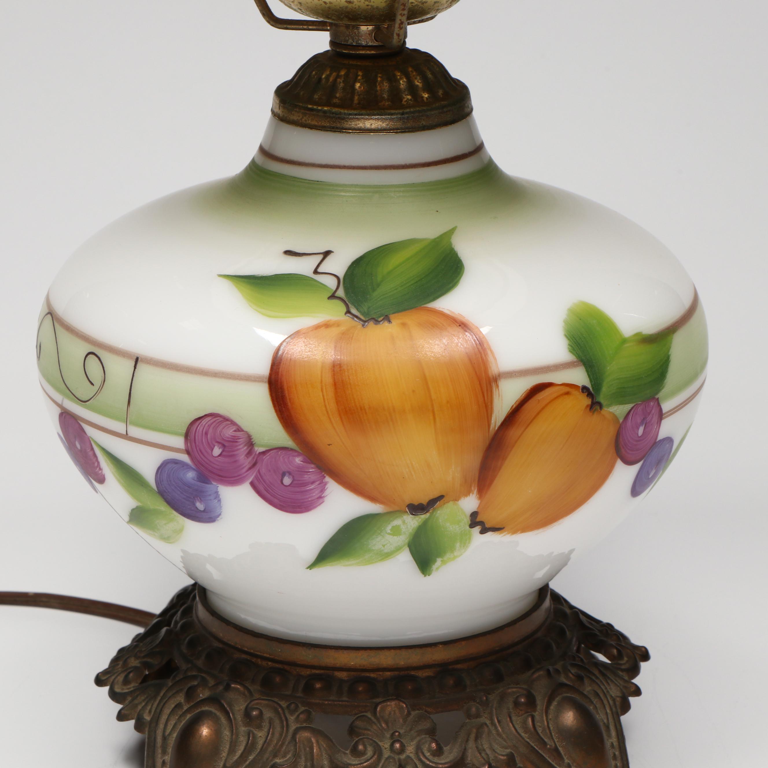 Victorian Hand-Painted Milk Glass Parlor Lamp, Vintage