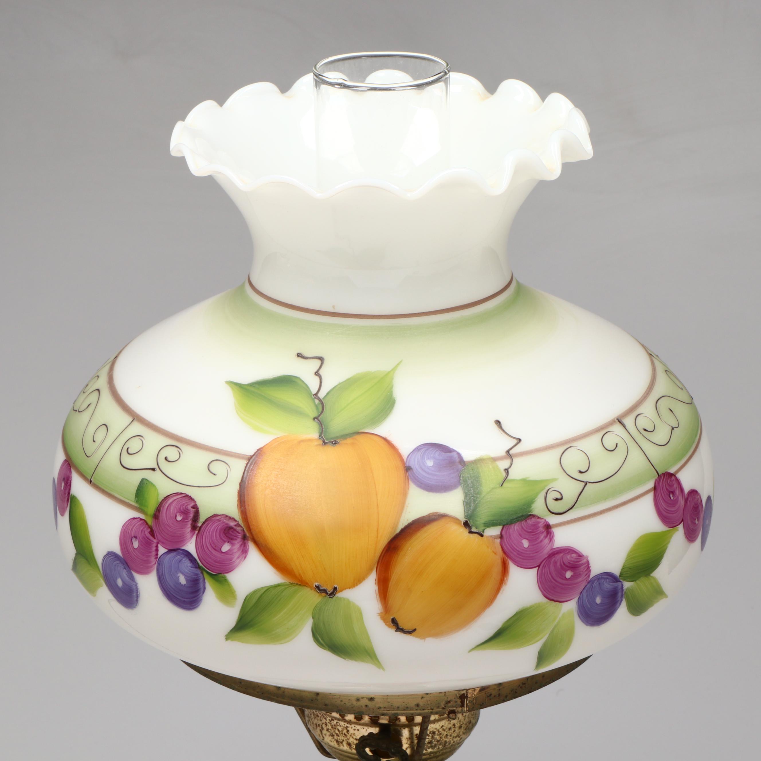 Victorian Hand-Painted Milk Glass Parlor Lamp, Vintage