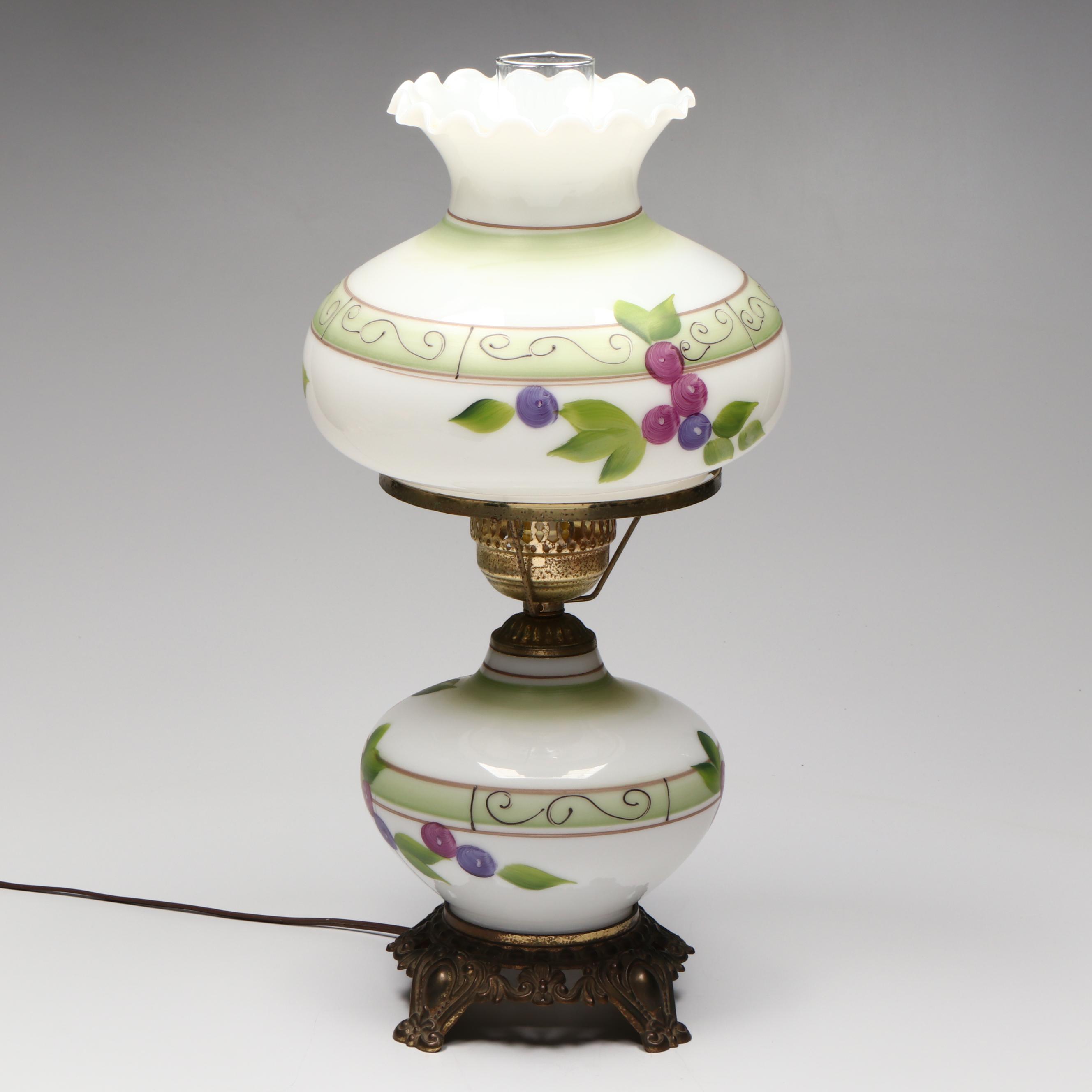 Victorian Hand-Painted Milk Glass Parlor Lamp, Vintage