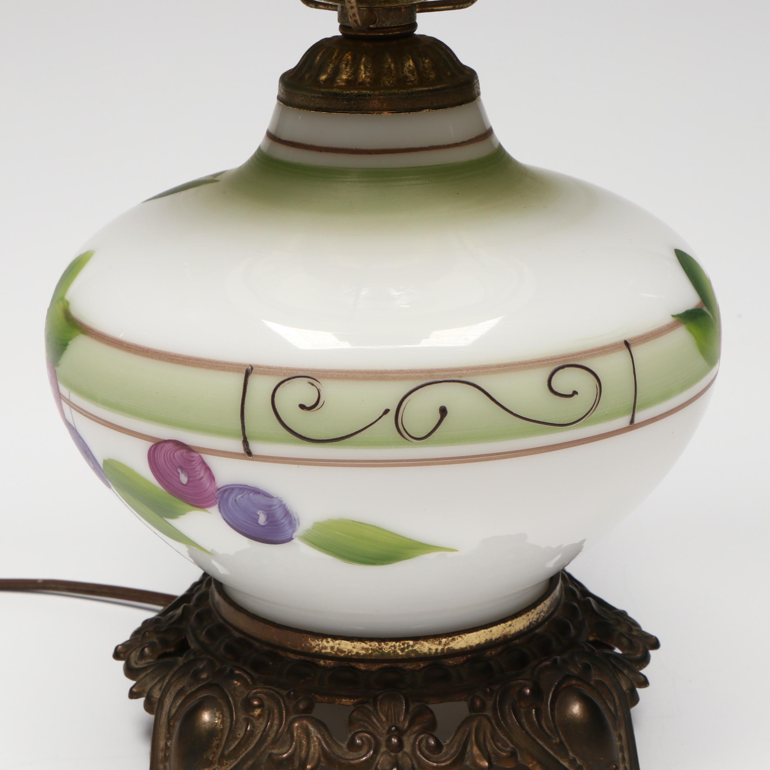 Victorian Hand-Painted Milk Glass Parlor Lamp, Vintage