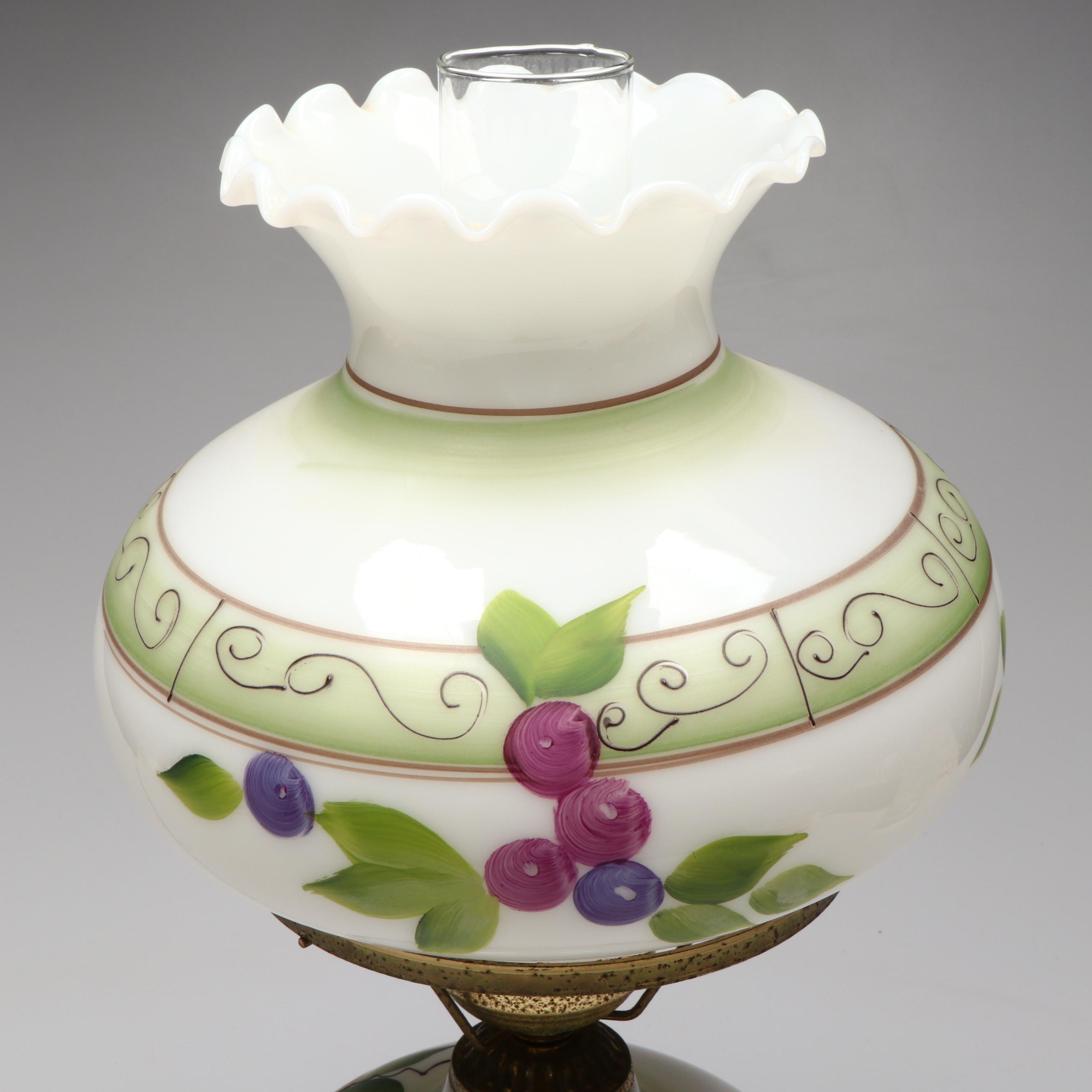 Victorian Hand-Painted Milk Glass Parlor Lamp, Vintage