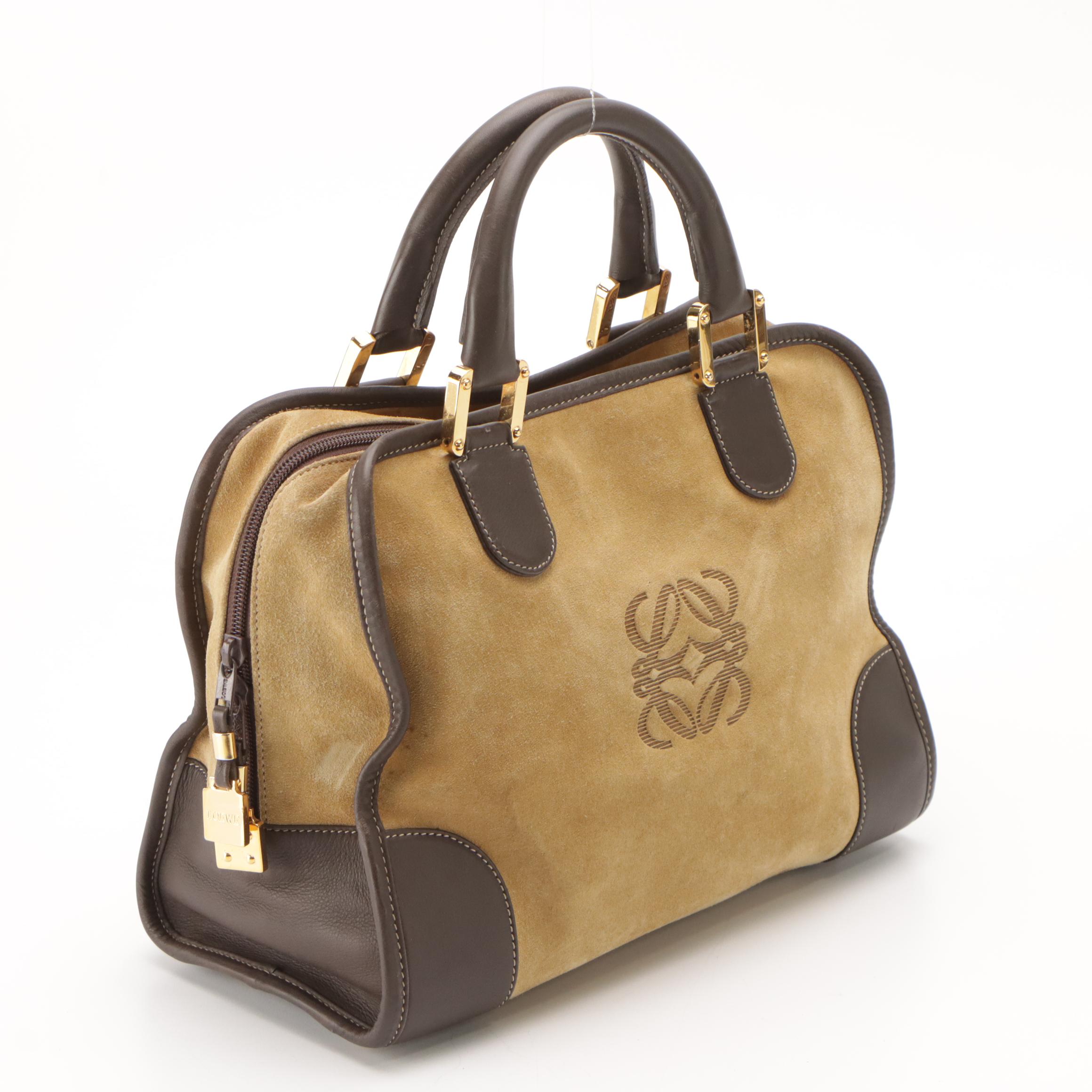 Loewe Amazona Handbag in Brown Suede and Dark Brown Leather