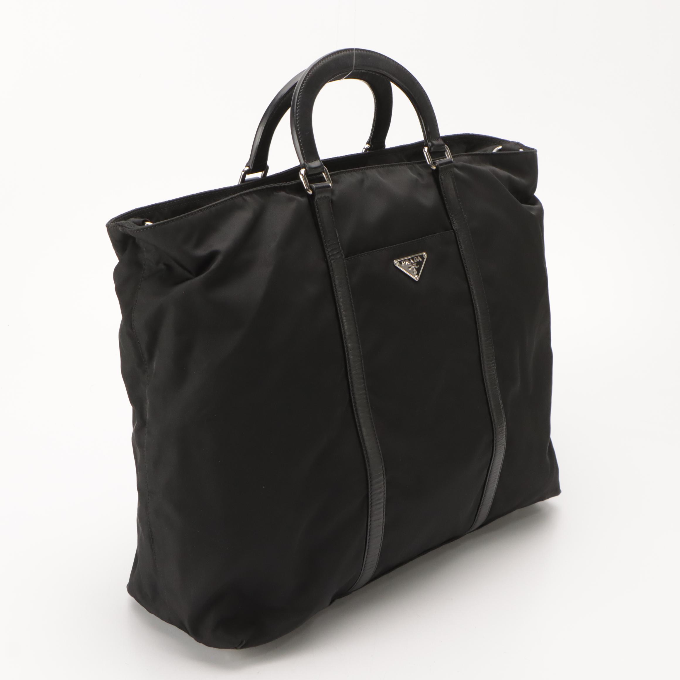Prada Large Handbag in Black Nylon with Leather Trim