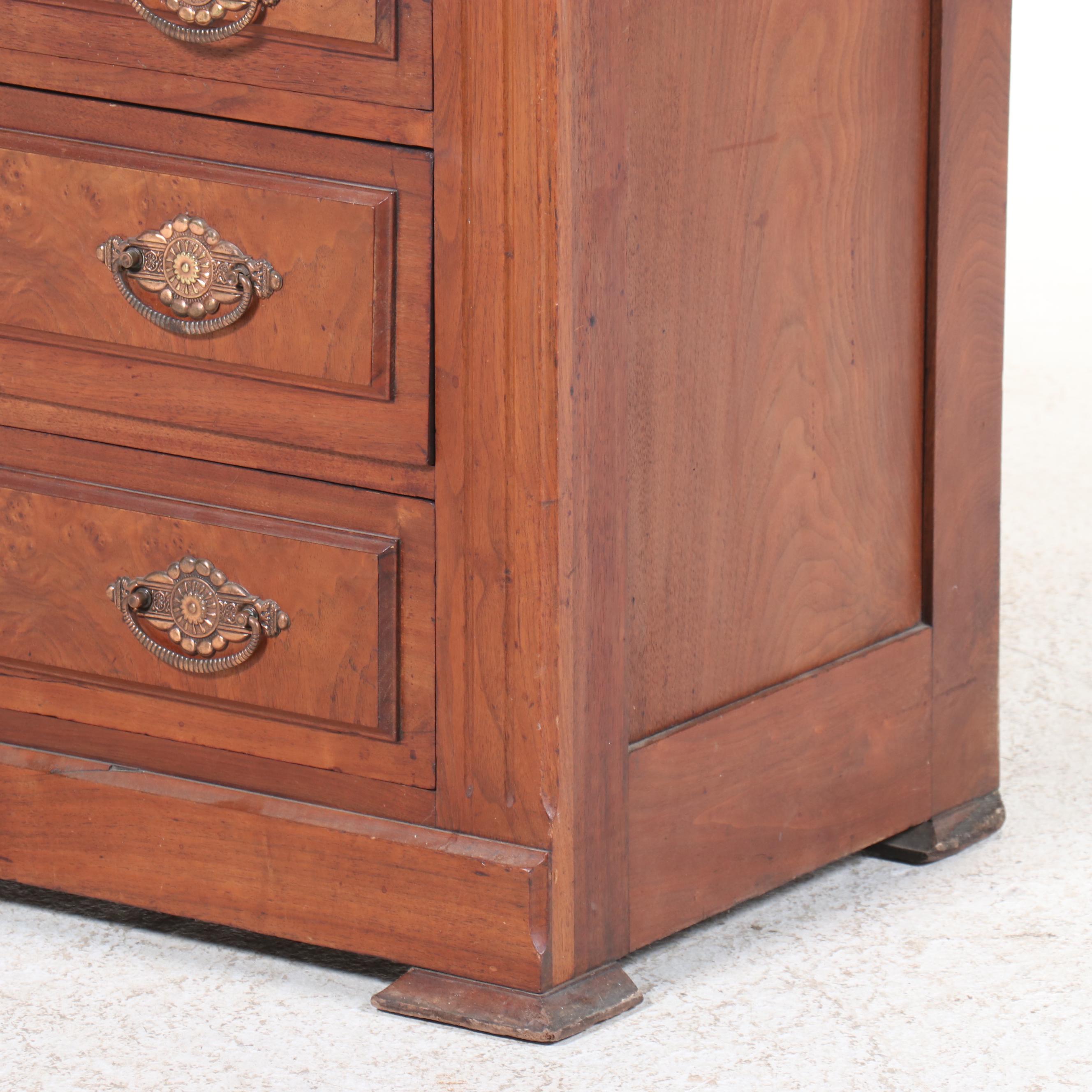 Victorian Marble Top Walnut and Burl Wood Three-Drawer Chest, Late 19th Century