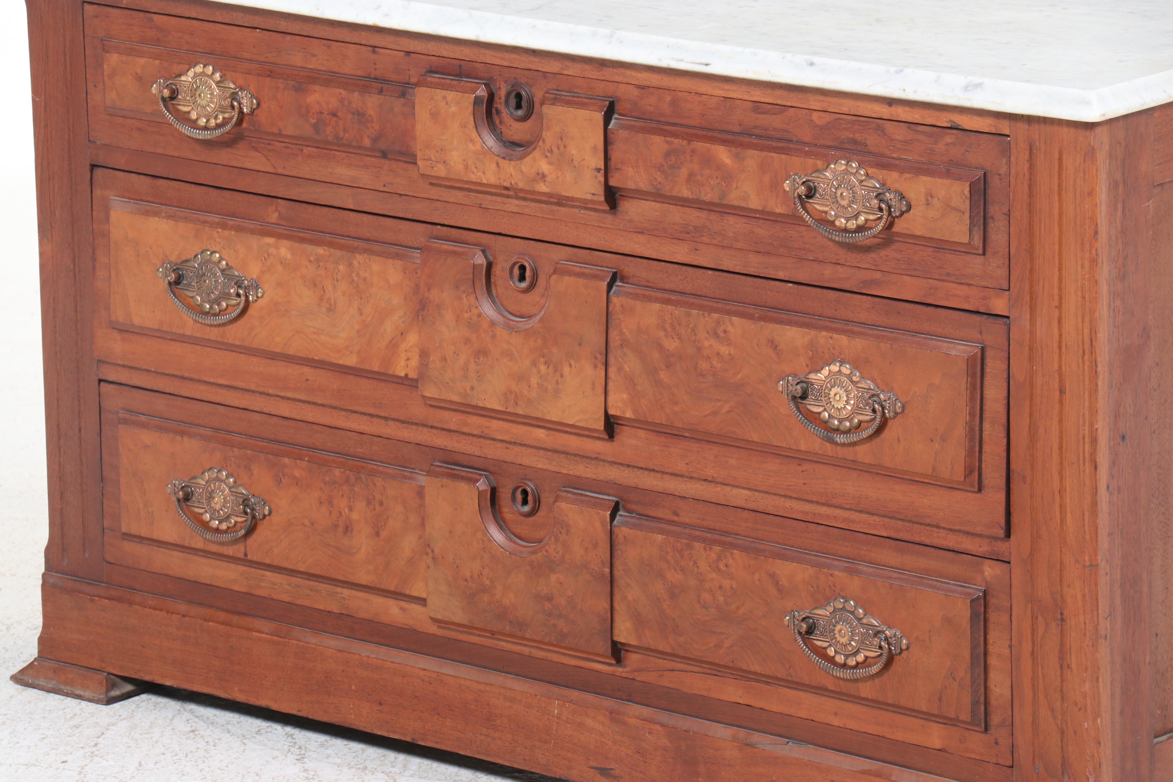 Victorian Marble Top Walnut and Burl Wood Three-Drawer Chest, Late 19th Century