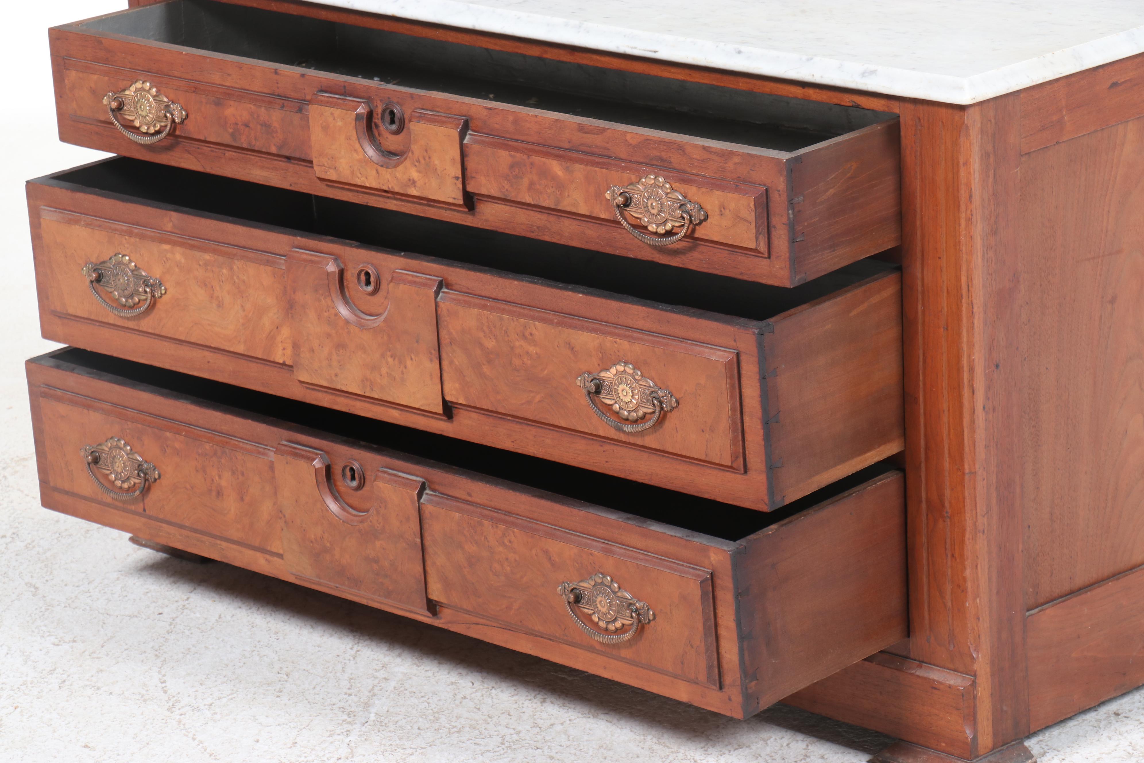 Victorian Marble Top Walnut and Burl Wood Three-Drawer Chest, Late 19th Century