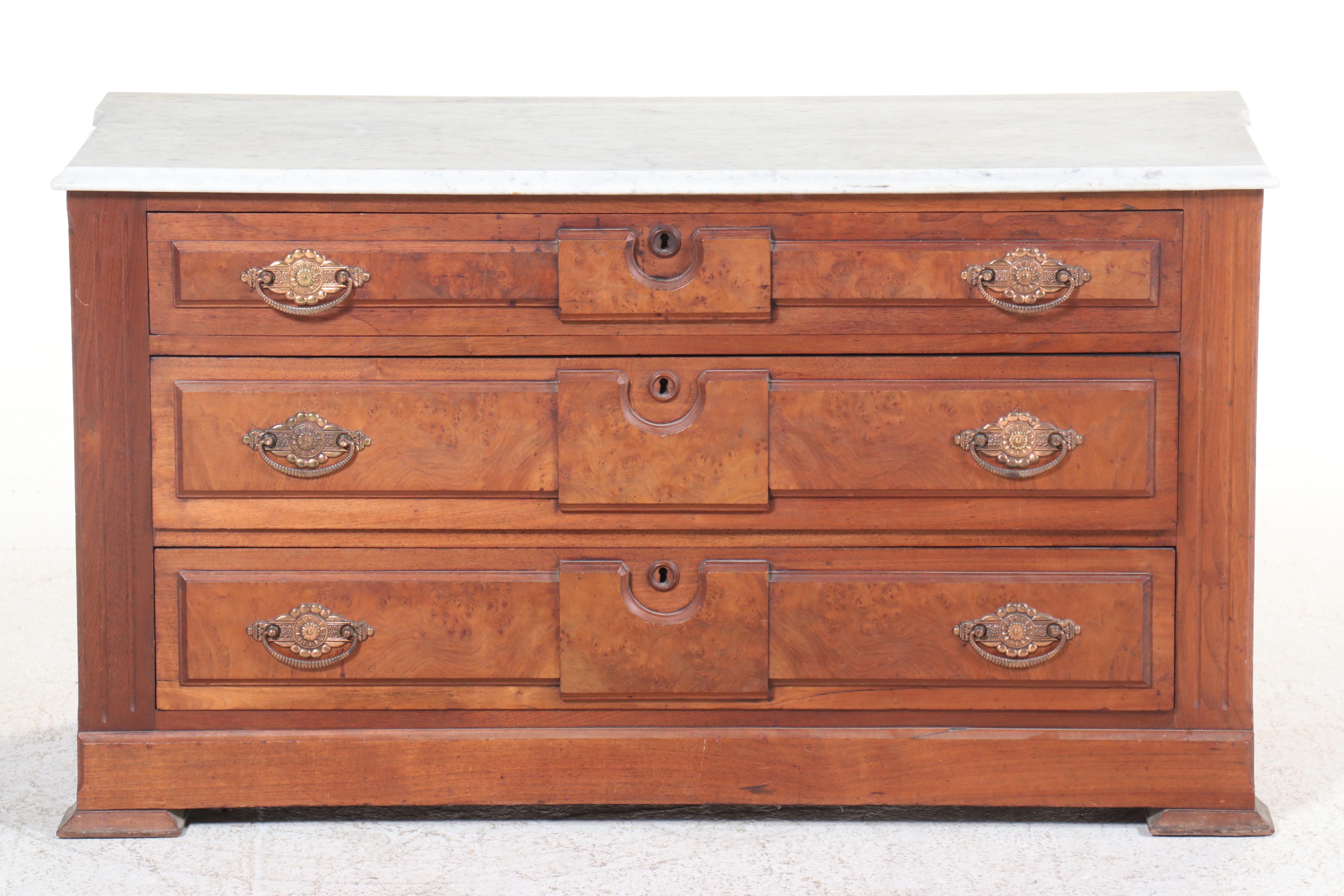 Victorian Marble Top Walnut and Burl Wood Three-Drawer Chest, Late 19th Century