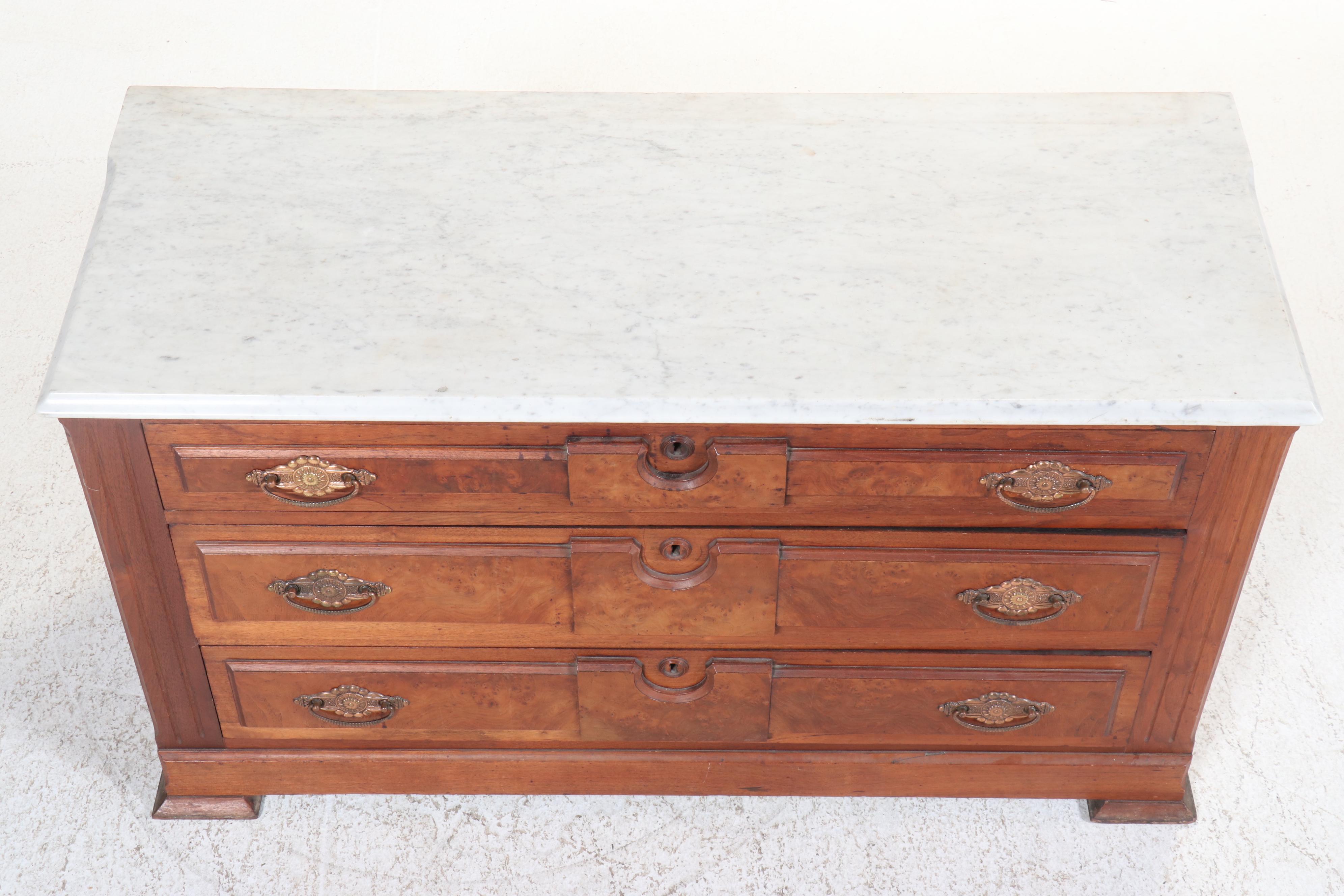 Victorian Marble Top Walnut and Burl Wood Three-Drawer Chest, Late 19th Century