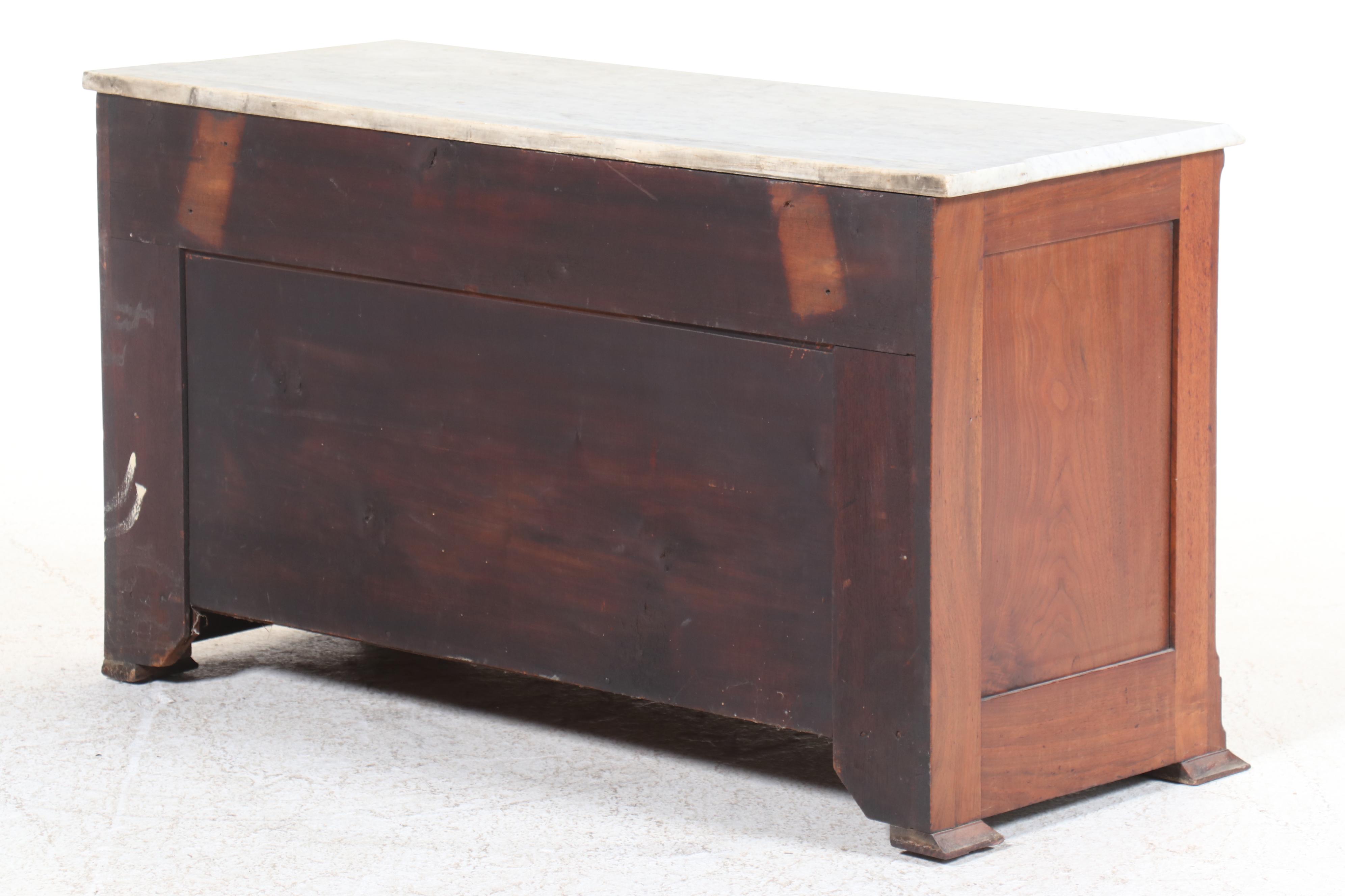 Victorian Marble Top Walnut and Burl Wood Three-Drawer Chest, Late 19th Century