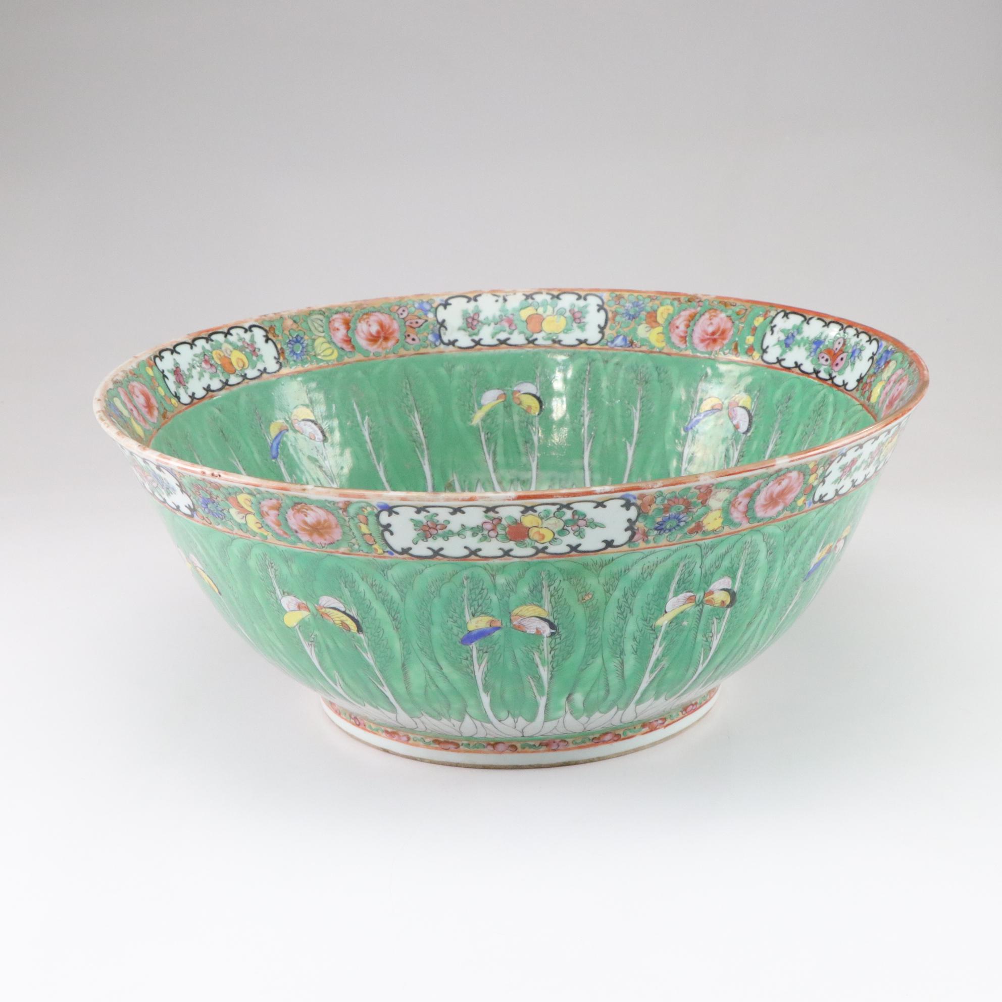Chinese Export Famille Verte "Cabbage Leaf" Porcelain Punch Bowl