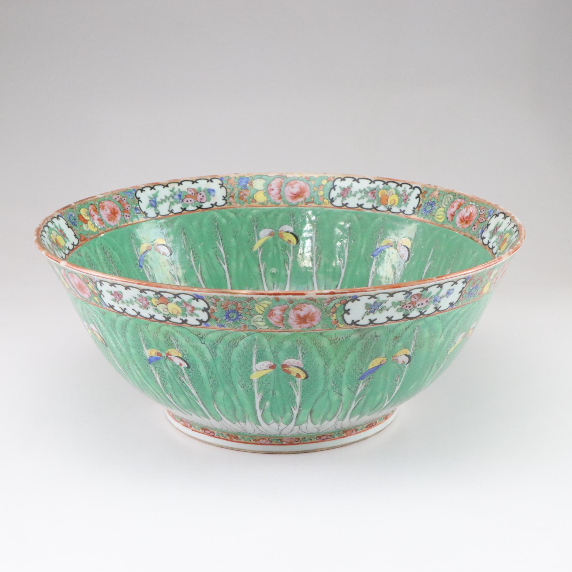 Chinese Export Famille Verte "Cabbage Leaf" Porcelain Punch Bowl