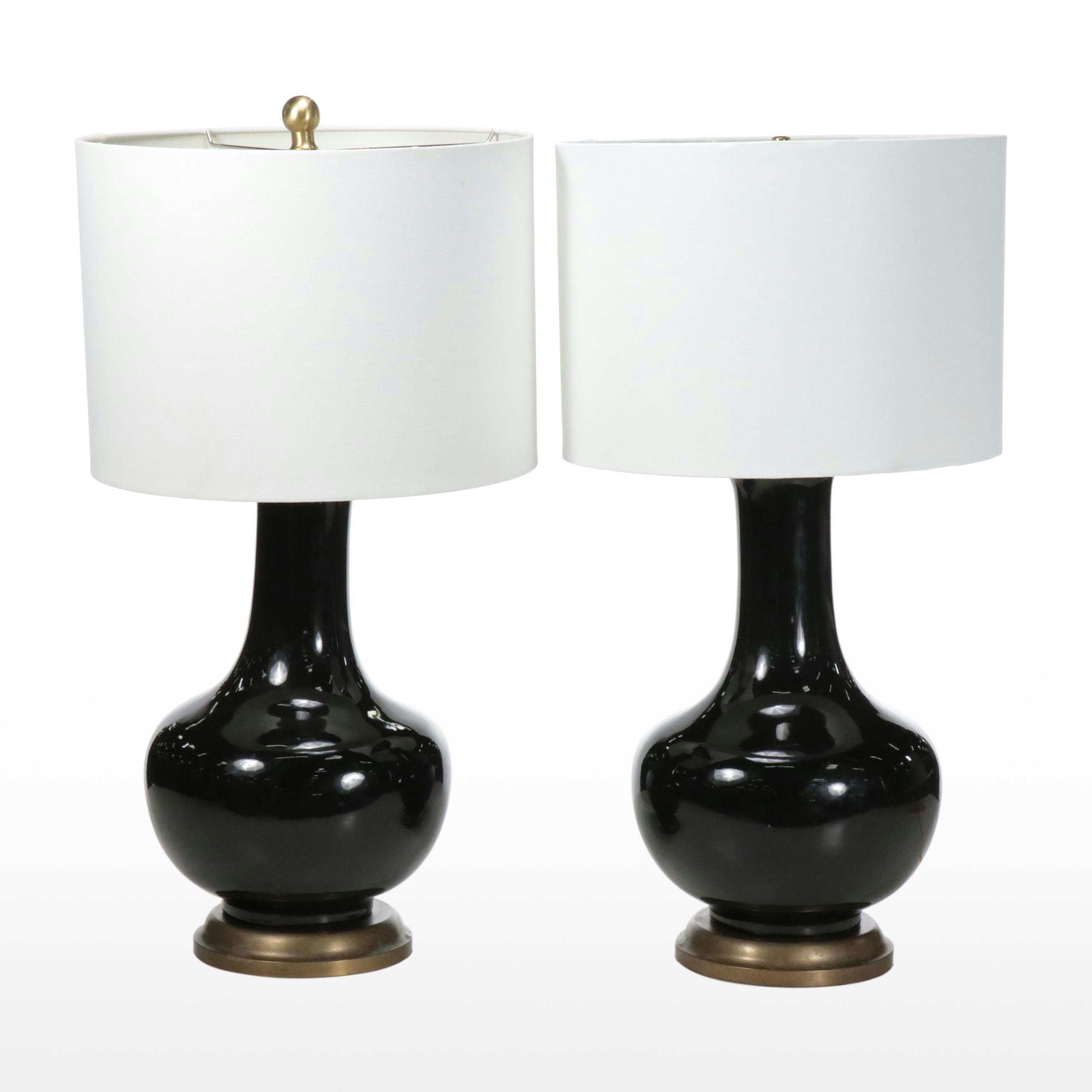 Pair of Williams Sonoma Home Black Ceramic Vase Table Lamps with Drum Shades