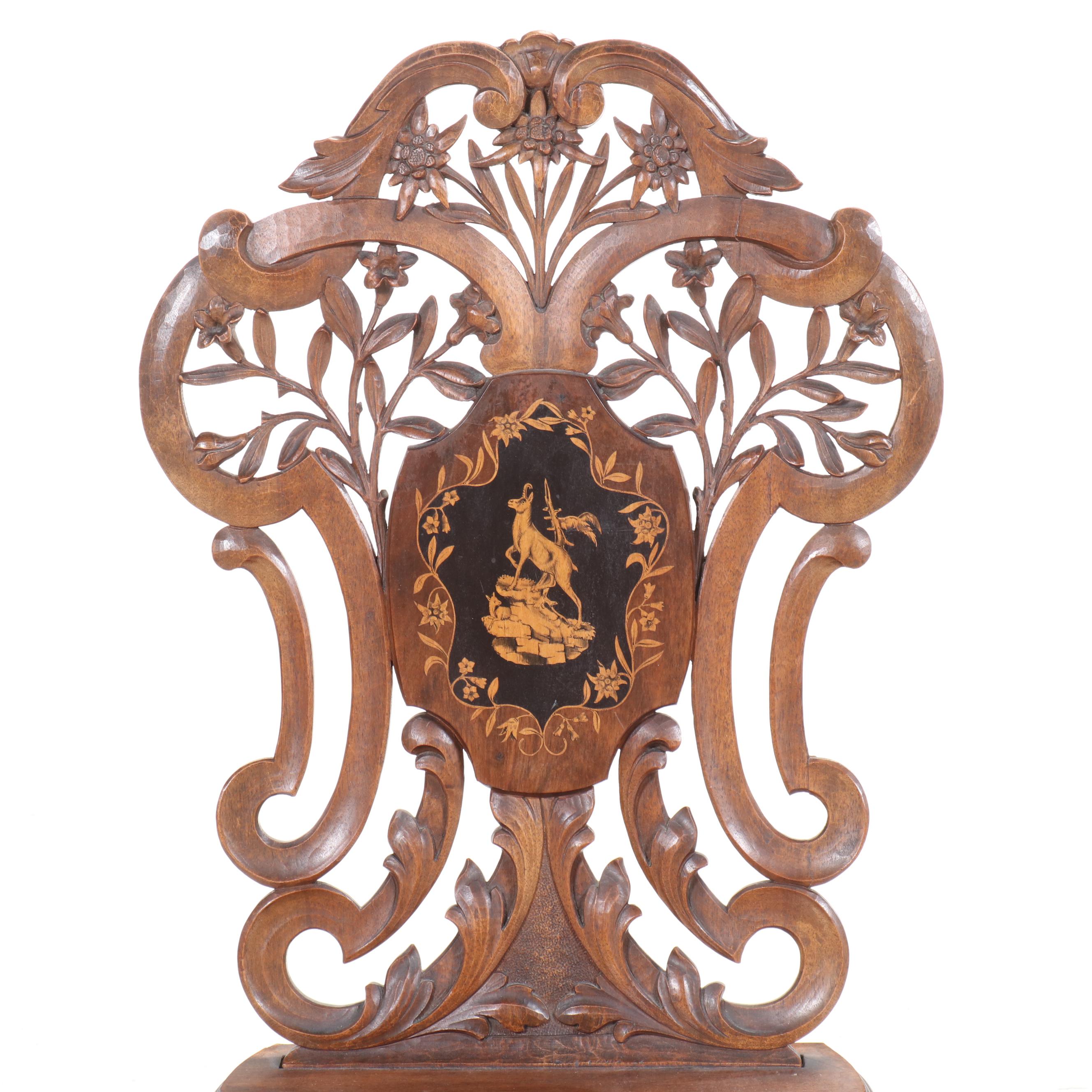 Swiss Black Forest Inlaid and Ornately Carved Walnut Hall Chair