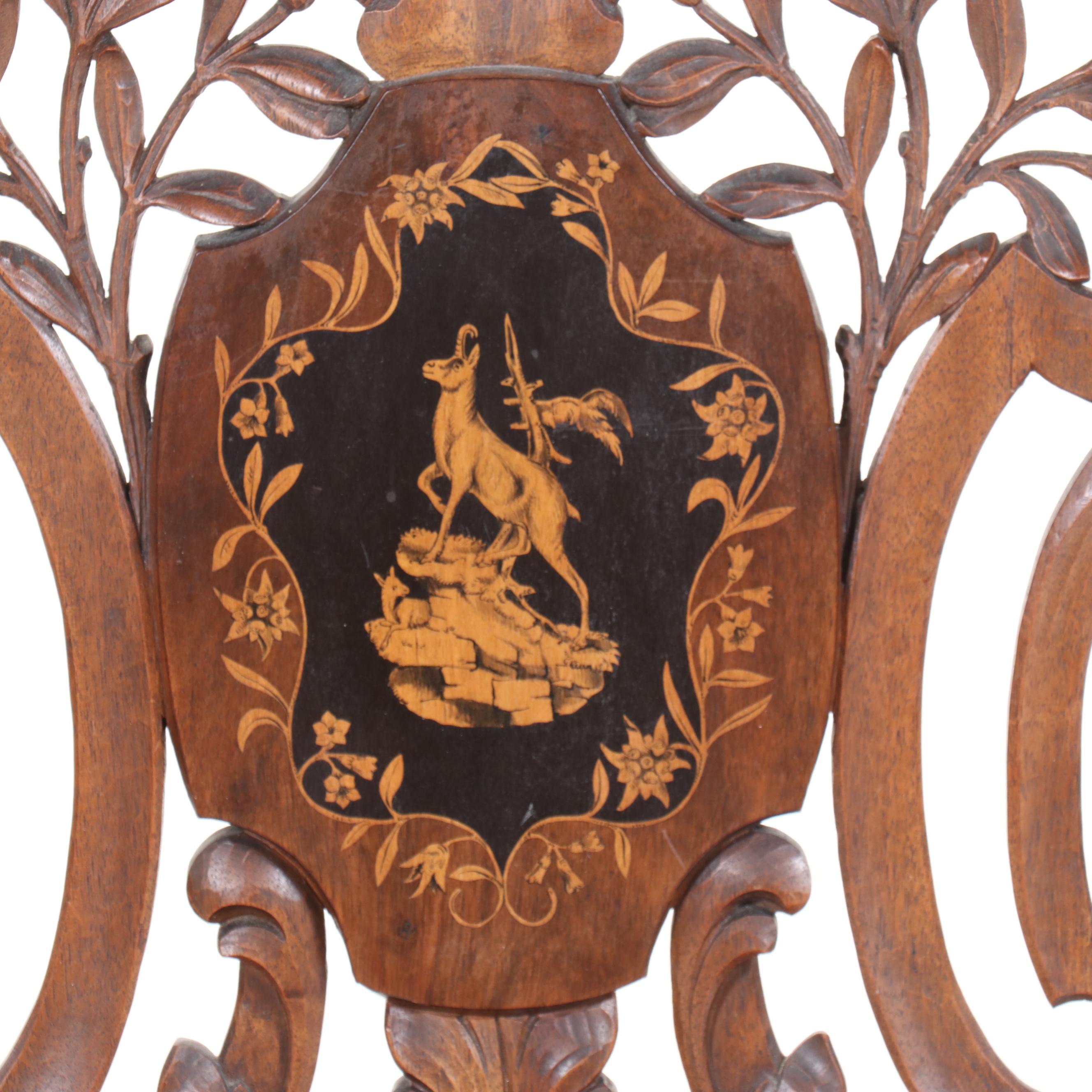Swiss Black Forest Inlaid and Ornately Carved Walnut Hall Chair