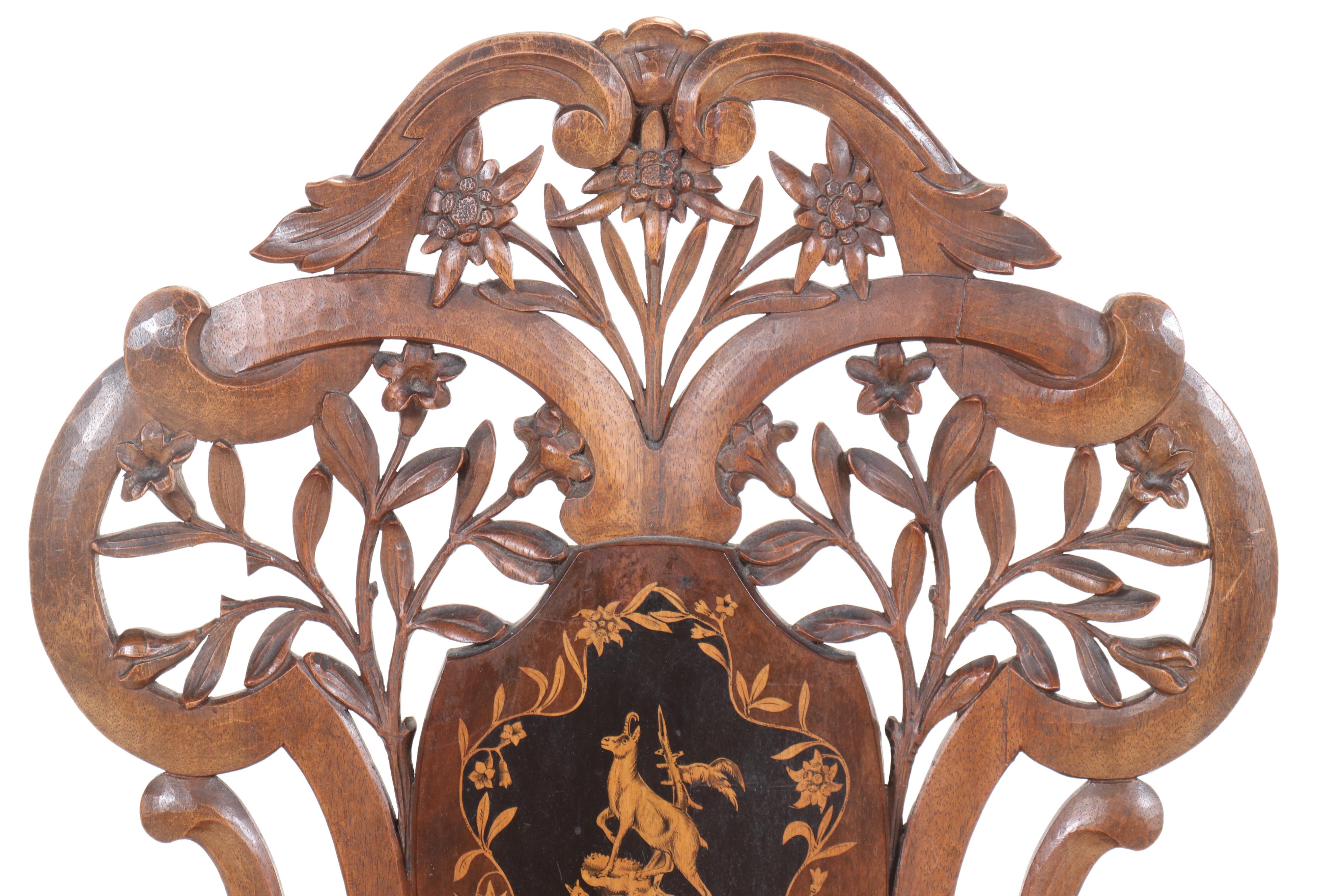 Swiss Black Forest Inlaid and Ornately Carved Walnut Hall Chair