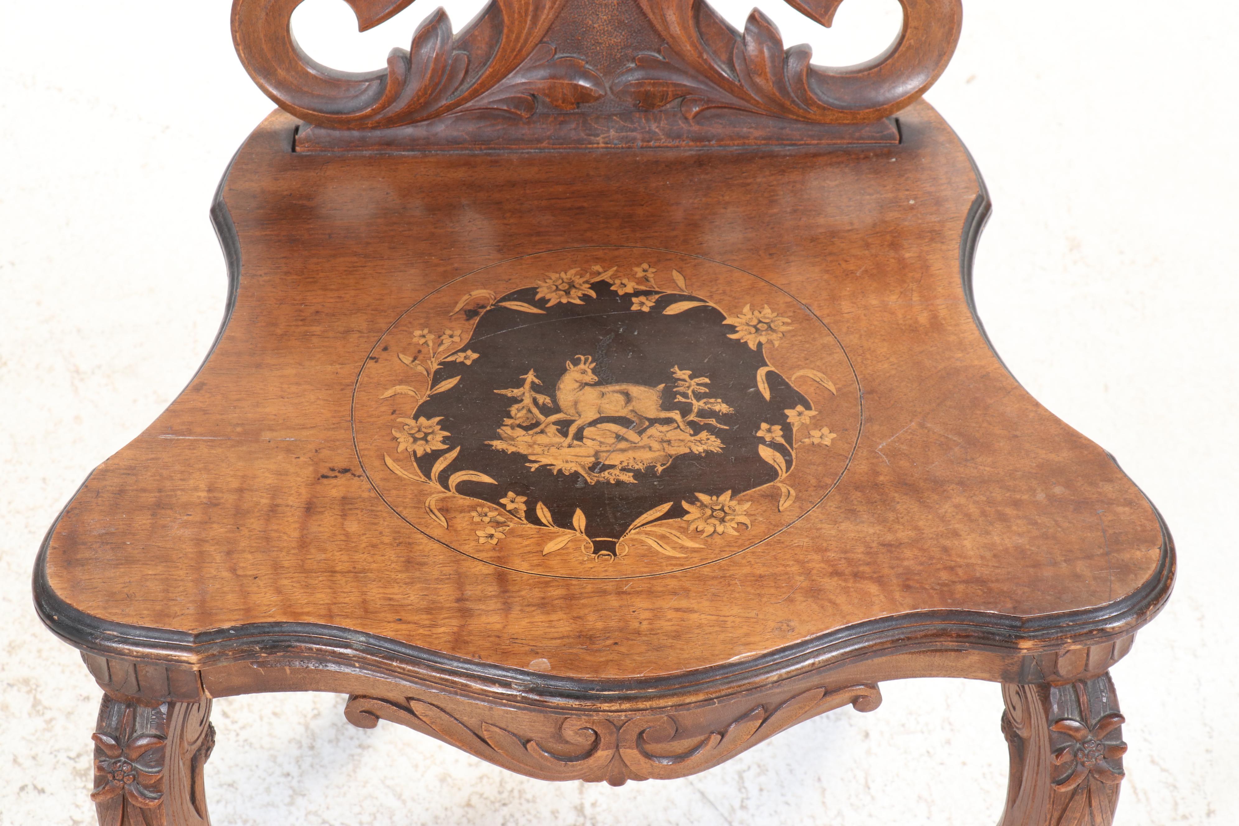 Swiss Black Forest Inlaid and Ornately Carved Walnut Hall Chair