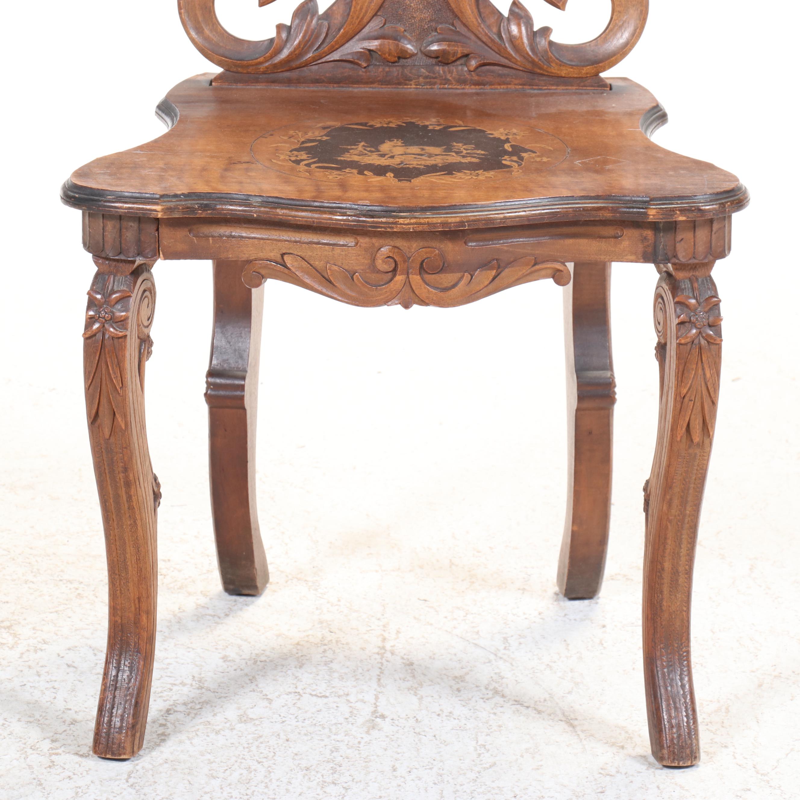 Swiss Black Forest Inlaid and Ornately Carved Walnut Hall Chair