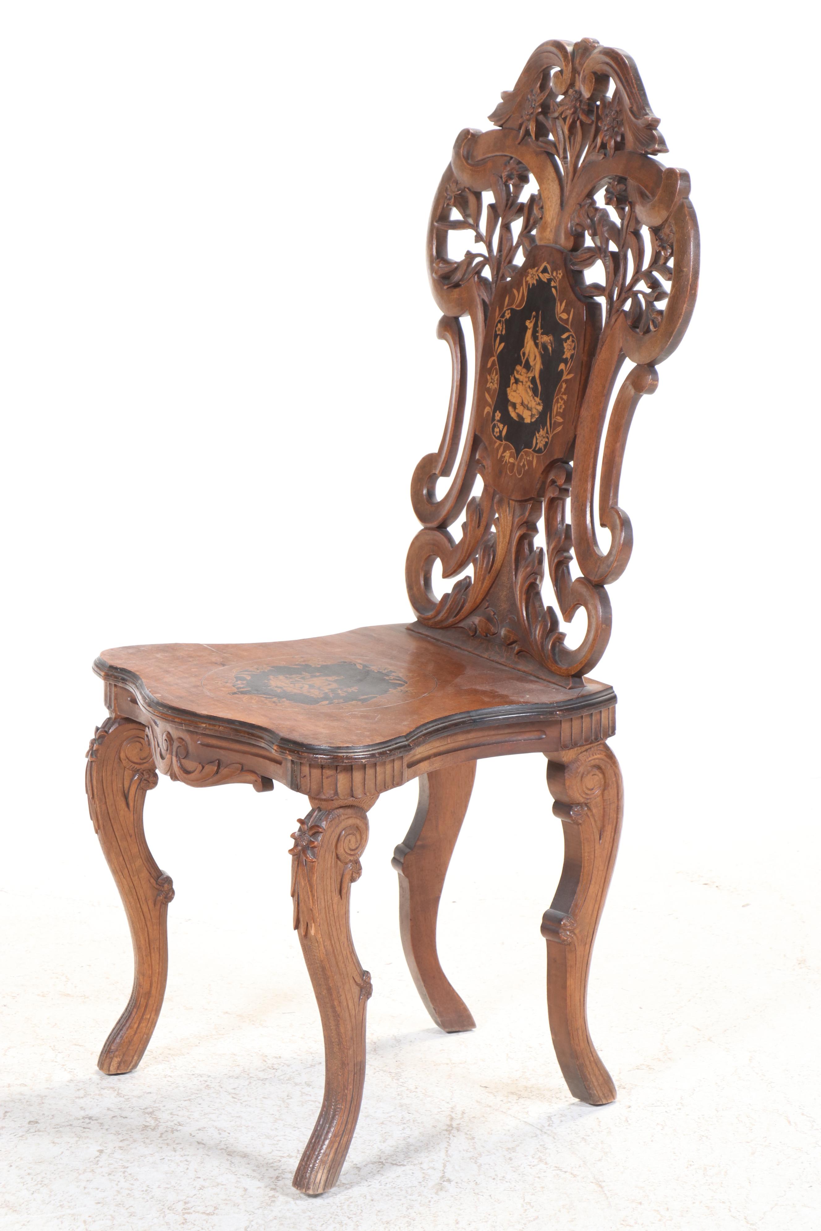 Swiss Black Forest Inlaid and Ornately Carved Walnut Hall Chair