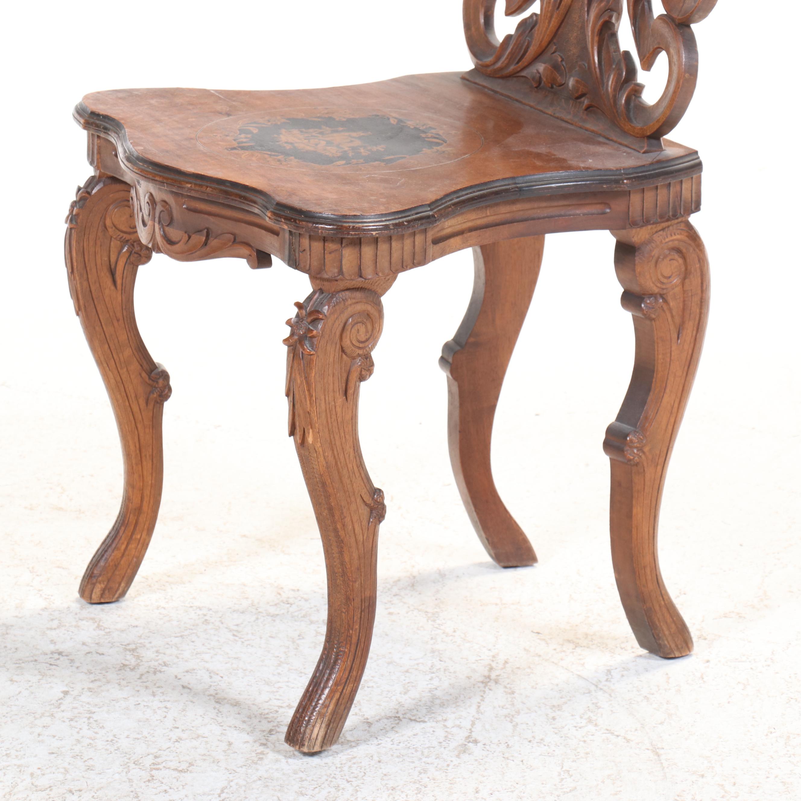 Swiss Black Forest Inlaid and Ornately Carved Walnut Hall Chair