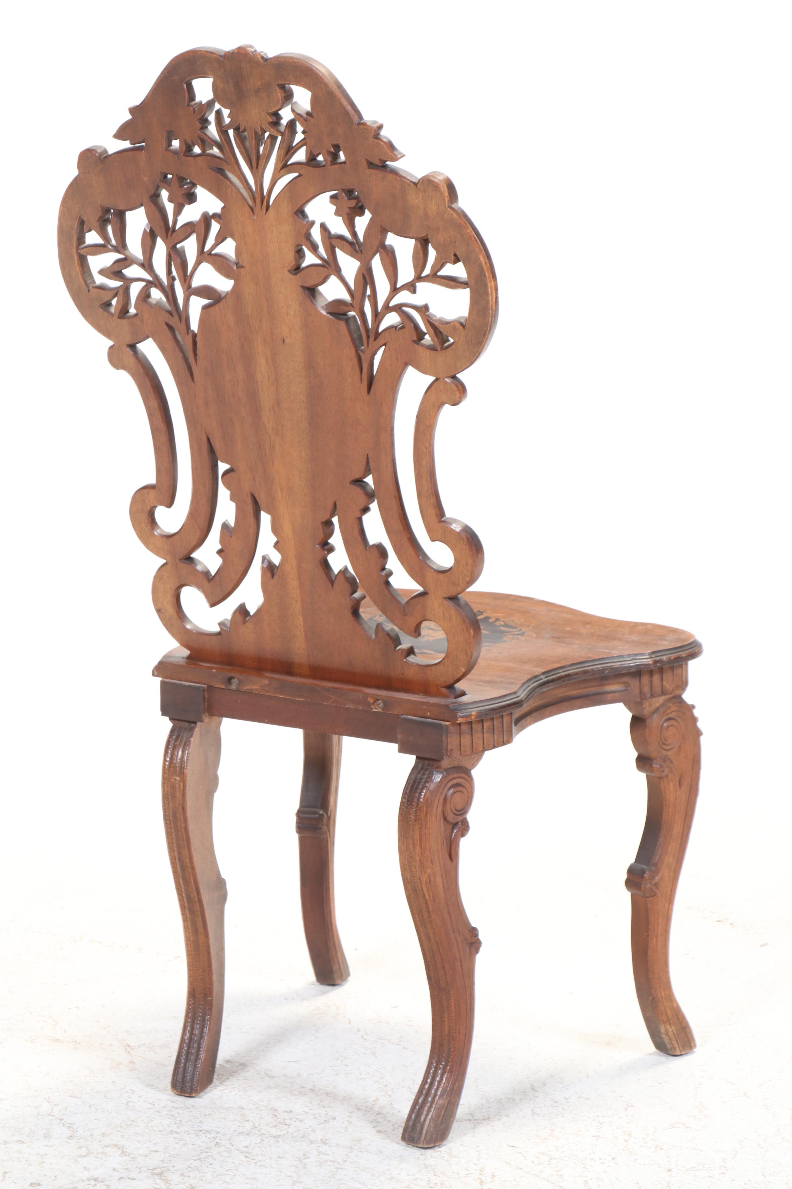 Swiss Black Forest Inlaid and Ornately Carved Walnut Hall Chair