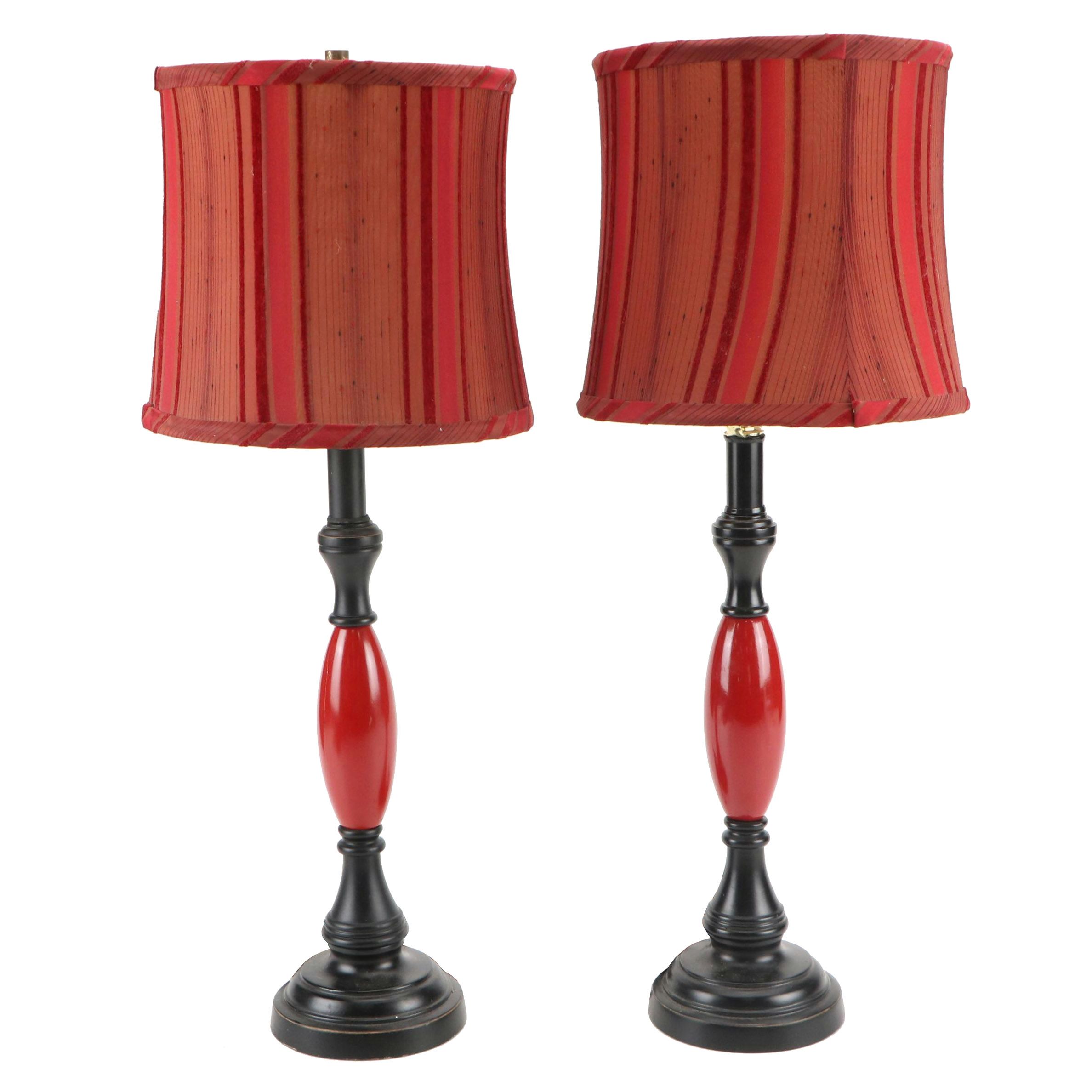 Arhaus Vintage Black & Red Enameled Candlestick Lamps with Velvet & Sheer Shades