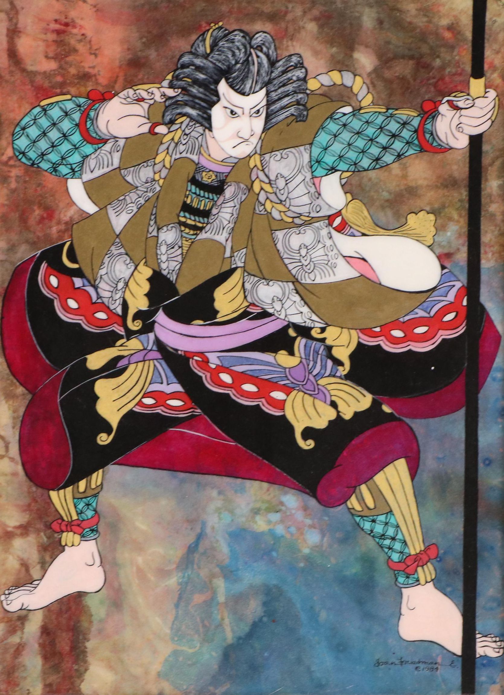 Joan Friedman Mixed Media Painting "Samurai in Kabuki Makeup," 1984