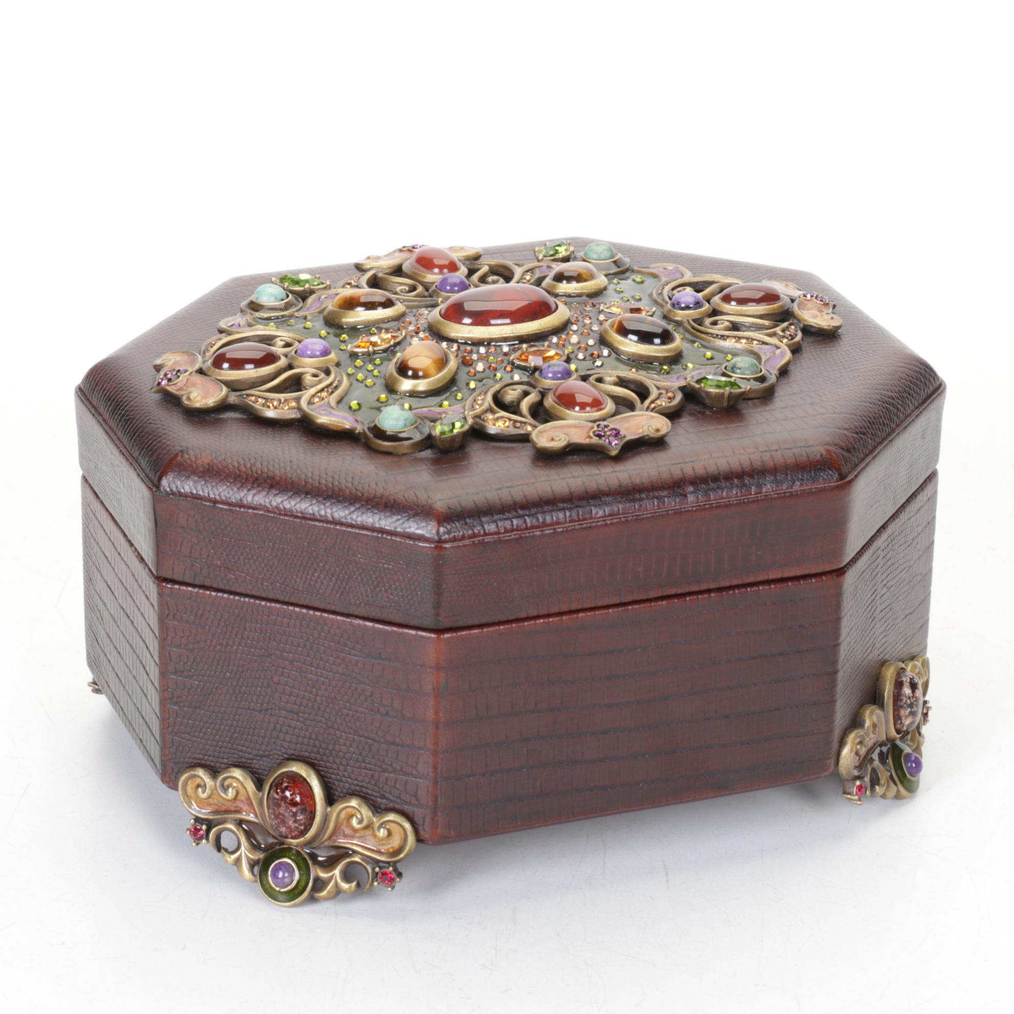 Jay Strongwater Embellished Brown Leather Jewelry Box