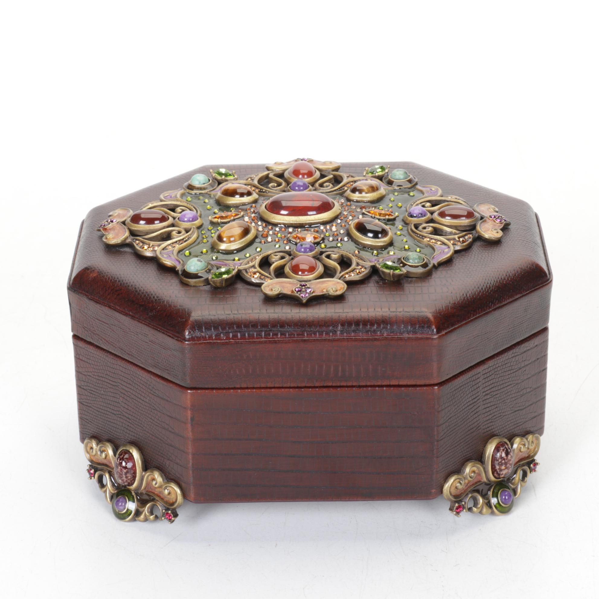 Jay Strongwater Embellished Brown Leather Jewelry Box