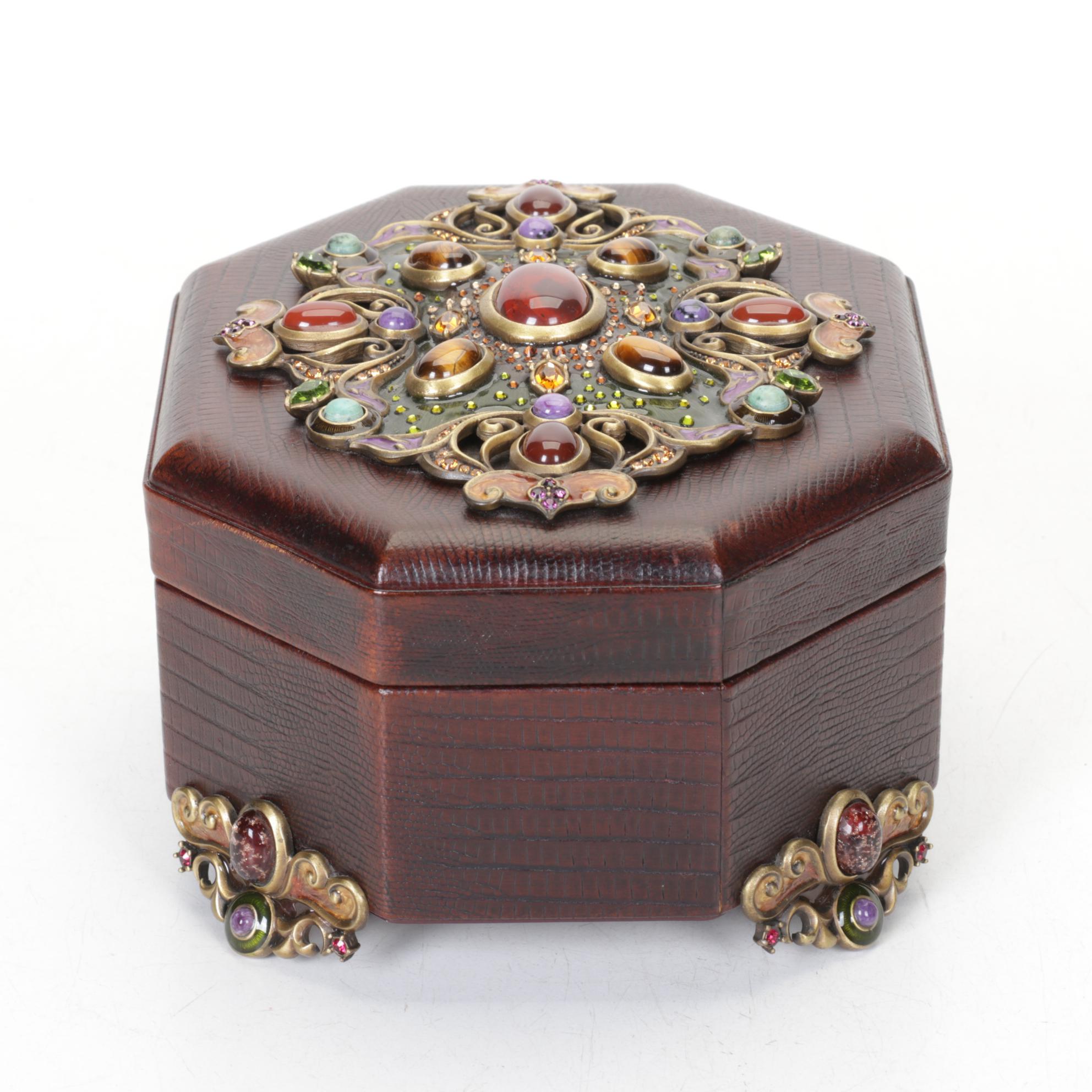 Jay Strongwater Embellished Brown Leather Jewelry Box