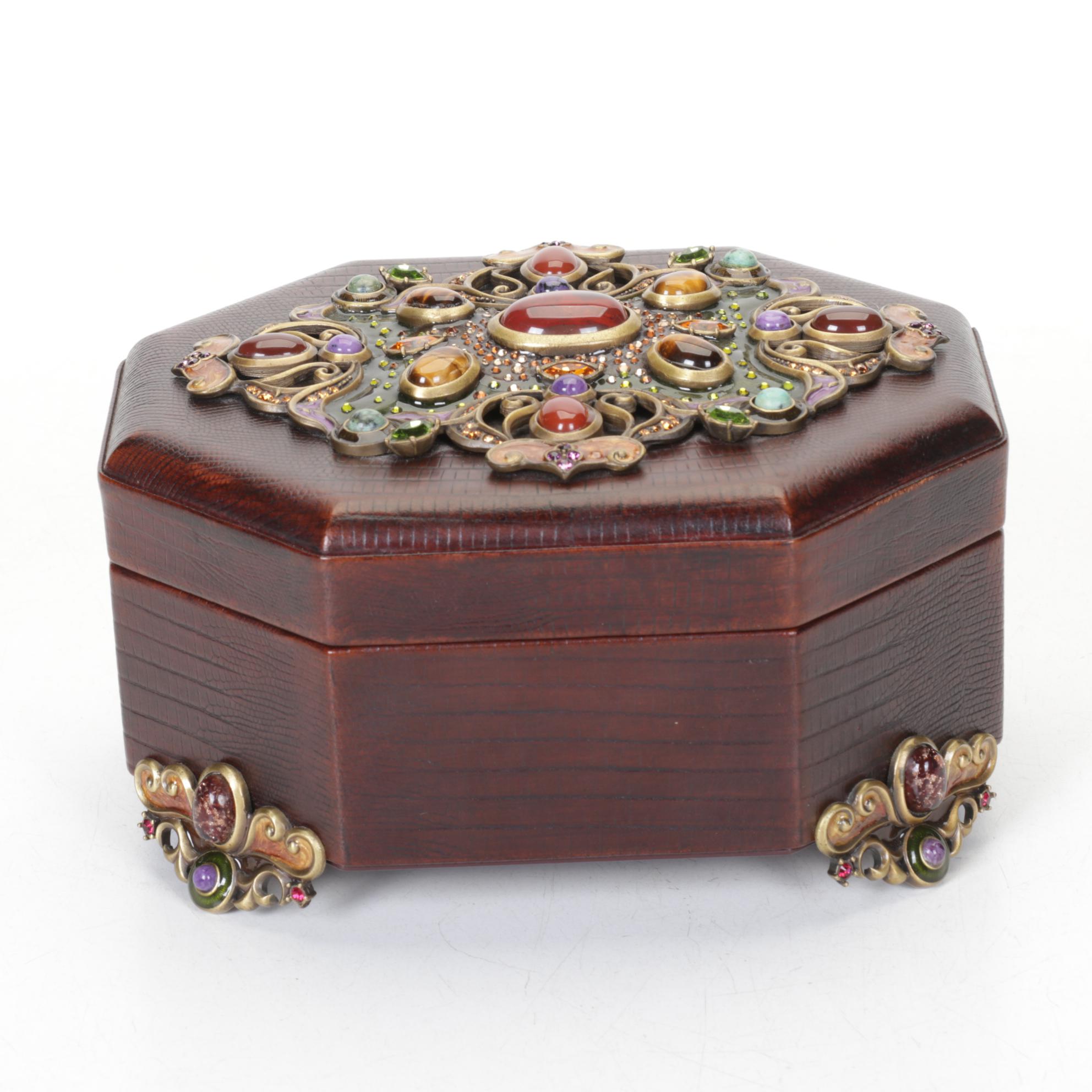 Jay Strongwater Embellished Brown Leather Jewelry Box