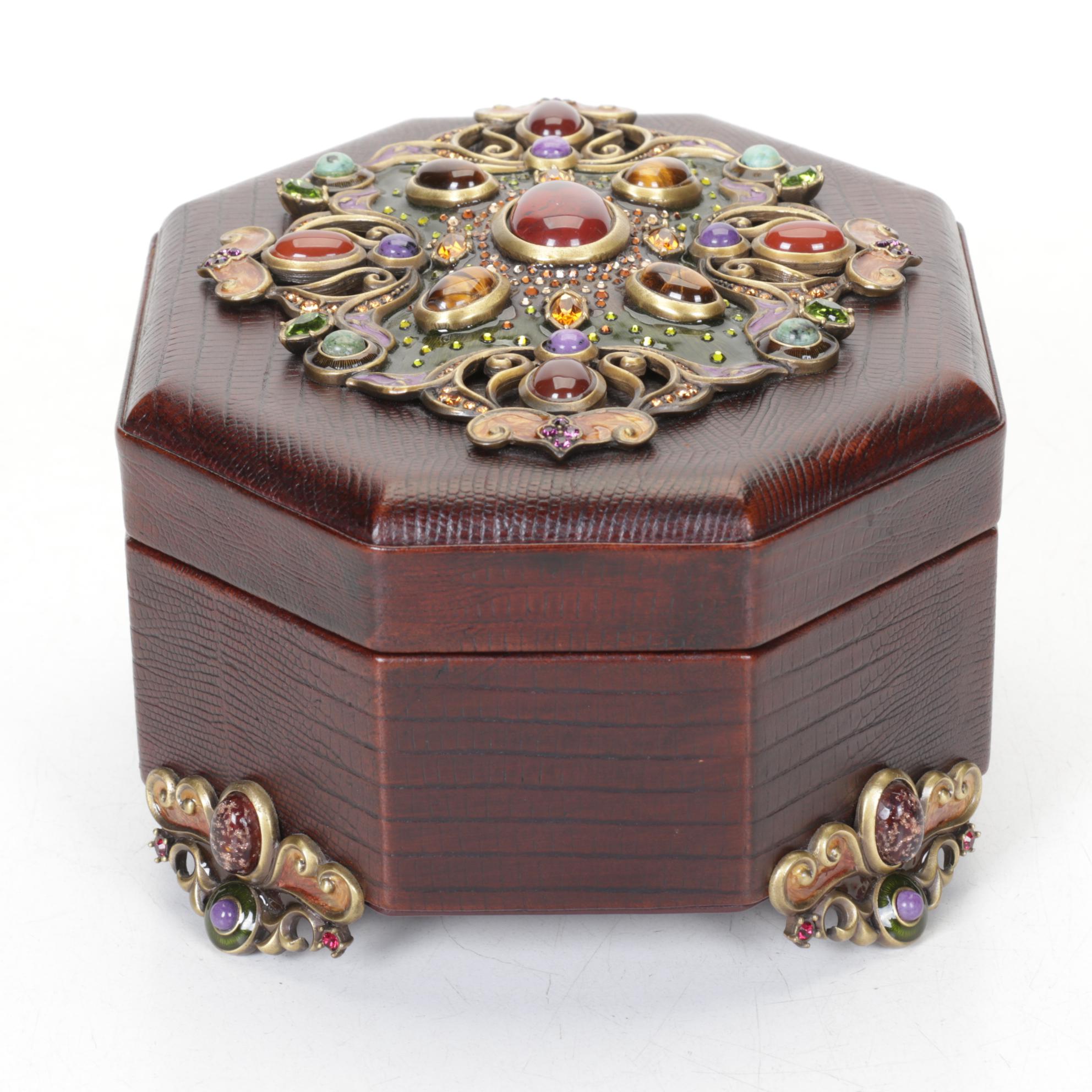Jay Strongwater Embellished Brown Leather Jewelry Box