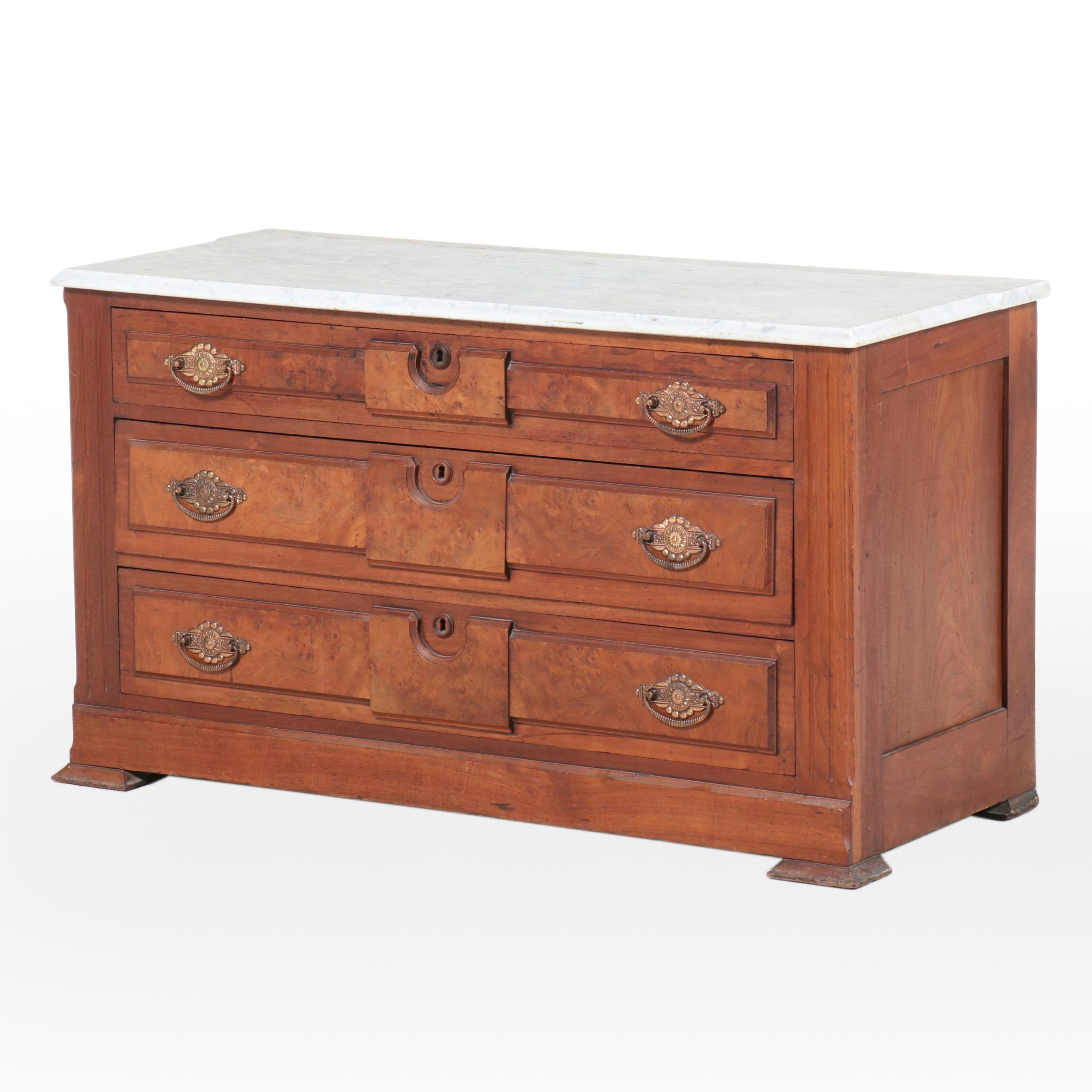 Victorian Marble Top Walnut and Burl Wood Three-Drawer Chest, Late 19th Century