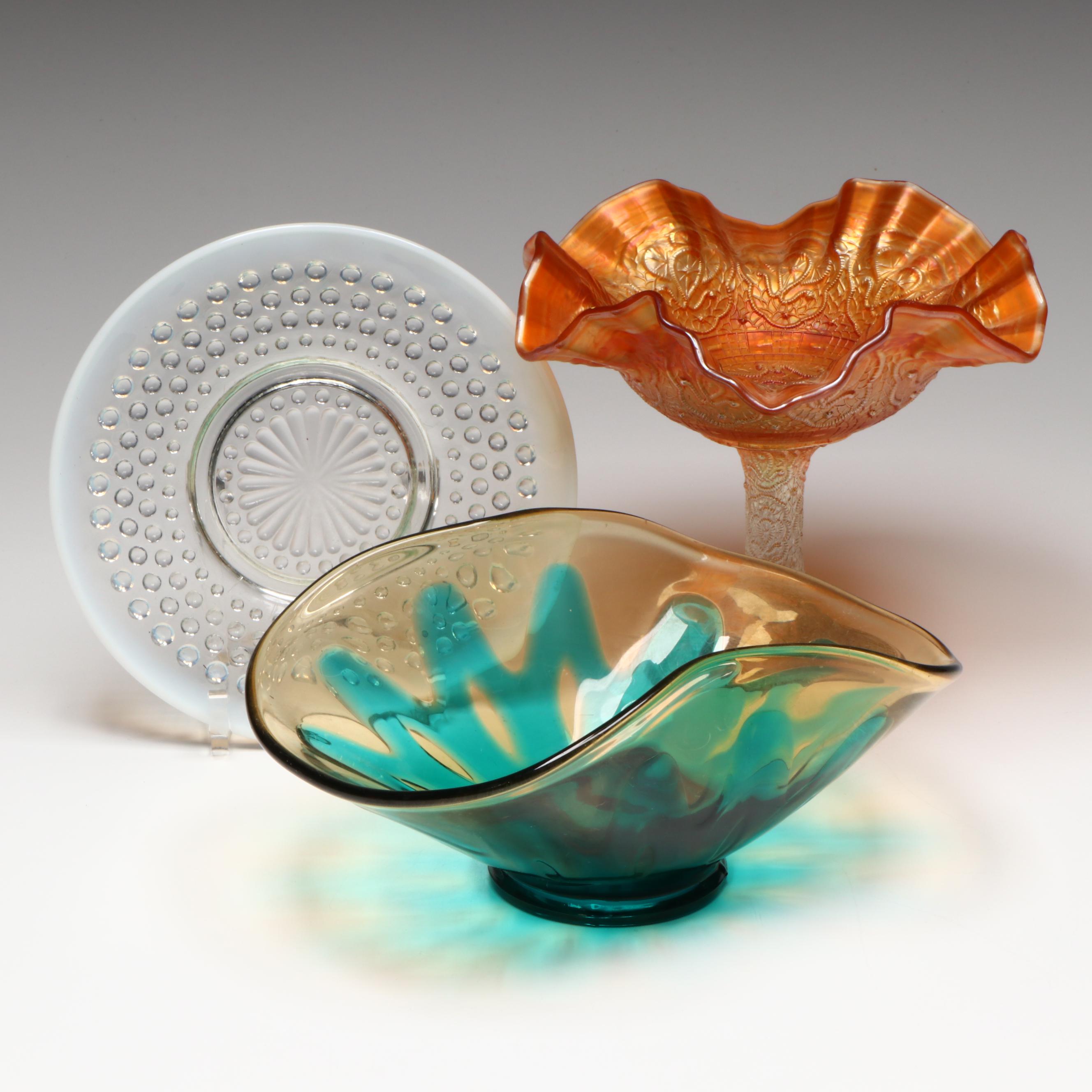 Fenton Hobnail Plate and Marigold Carnival Glass Compote with Bowl